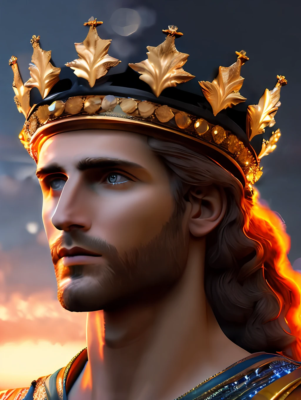 (Highest quality:1.3), A close up photo of Apollo God of beauty with a crown around his head (glowing orange crown:1.2) (in head:1.2), insanely handsome, fantasy art, perfect image, profile picture 1024px, greek and templar aesthetics, adorned with precious gems, cg artist, ultra detailed portrait, struggling to remain relevant in age-old battles, mysterious (light hairy man:1.2), realistic motion action photo, (((hdr))), hyperdetailed, cinematic, cool lights, intricate details, muscle, looking to the viewer, perspective view, UHD, 64k, unreal.(highly detailed skin),  (detailed face), detailed background, dark lighting, twilight lighting, volumetric lighting,  intricate details, UHD