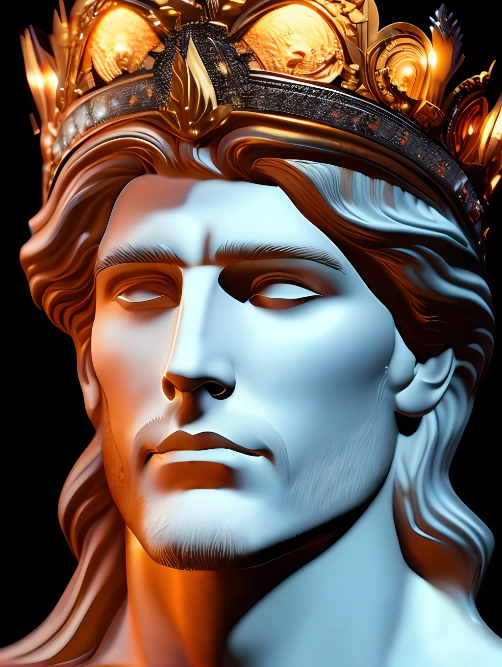 (Highest quality:1.3), A close up photo of Apollo God of beauty with a crown around his head (glowing orange crown:1.2) (in head:1.2), insanely handsome, fantasy art, perfect image, profile picture 1024px, greek and templar aesthetics, adorned with precious gems, cg artist, ultra detailed portrait, struggling to remain relevant in age-old battles, mysterious (light hairy man:1.2), realistic motion action photo, (((hdr))), hyperdetailed, cinematic, cool lights, intricate details, muscle, looking to the viewer, perspective view, UHD, 64k, unreal.(highly detailed skin),  (detailed face), detailed background, dark lighting, twilight lighting, volumetric lighting,  intricate details, UHD