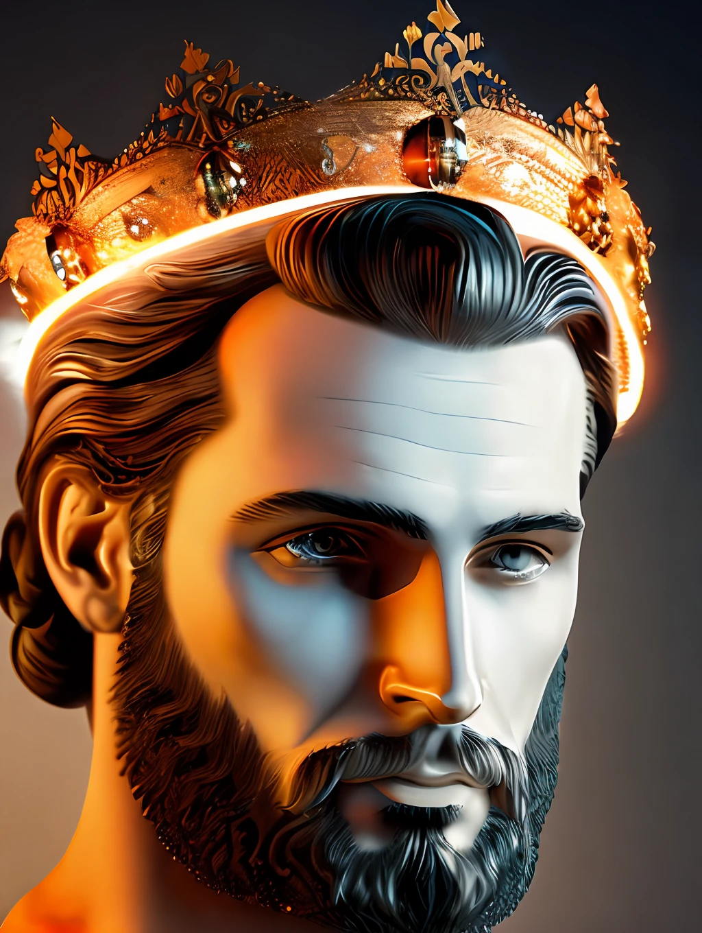 (Highest quality:1.3), A close up photo of Apollo God of beauty with a crown around his head (glowing orange crown:1.2) (in head:1.2), insanely handsome, fantasy art, perfect image, profile picture 1024px, greek and templar aesthetics, adorned with precious gems, cg artist, ultra detailed portrait, struggling to remain relevant in age-old battles, mysterious (light hairy man:1.2), realistic motion action photo, (((hdr))), hyperdetailed, cinematic, cool lights, intricate details, muscle, looking to the viewer, perspective view, UHD, 64k, unreal.(highly detailed skin),  (detailed face), detailed background, dark lighting, twilight lighting, volumetric lighting,  intricate details, UHD