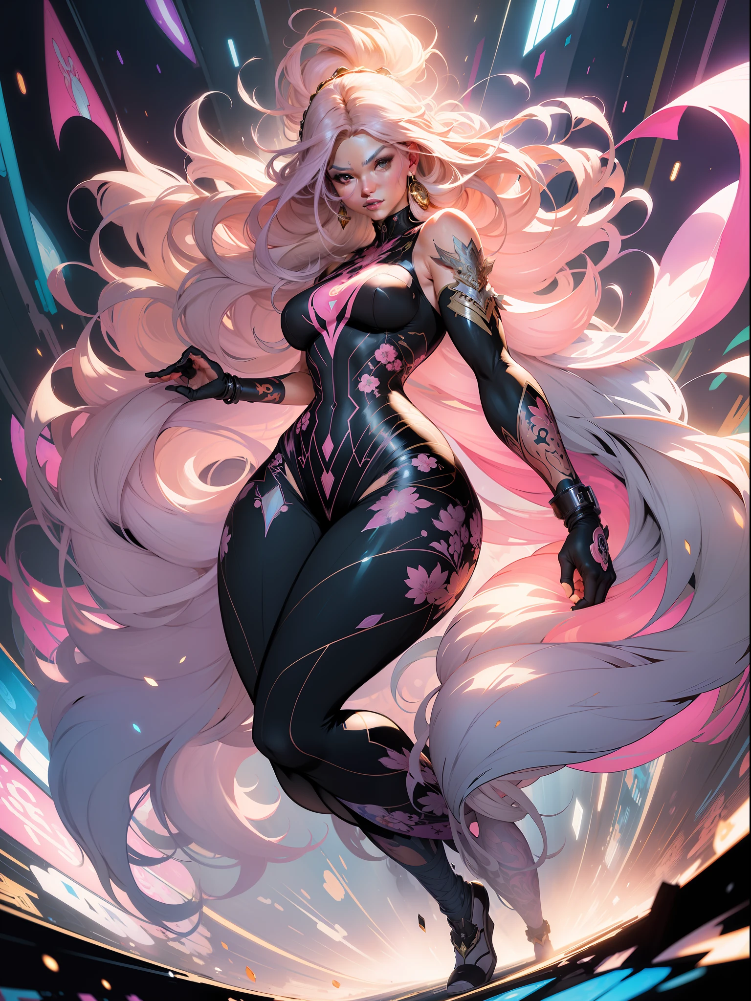 ::Kennedy and Daniel Sampere::2.0 Anime Gacha illustration style, tatoon style, comic book style, , beautiful woman with ultra detailed long hair and in various full-body attack poses, (beautiful and clear background: 1.2),futuristic costume, super detailed circular metals Clinging to arms and pants, fantastic paintings, graffiti style, flowers, highly detailed eyes, a t-shirt or dress with a pink blouse underneath,   and bracelets, fighting an enemy, with long black hair, stained glass color, outside, vibrant, Alphonse Mucha style, fantastic paintings by Joe Madureira, high quality, art, beautiful woman with long white hair, freedom, soul, digital illustration, comic style, perfect anatomy, centered, approaching perfection, dynamic, highly detailed, HDR colors