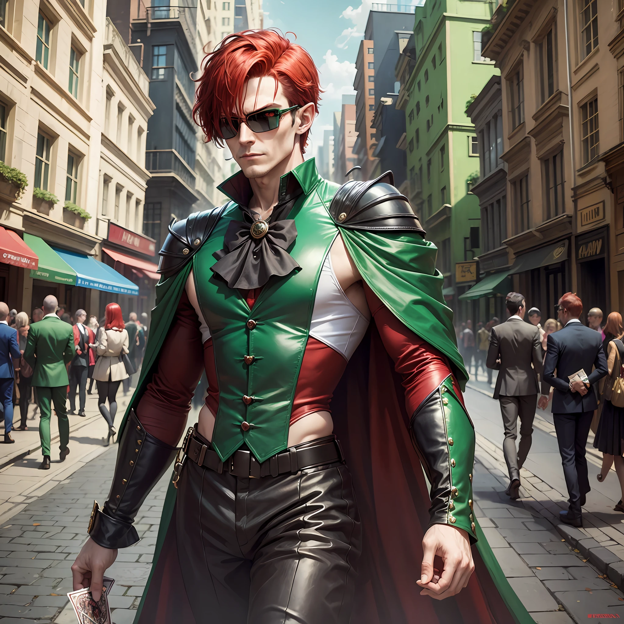 The Matrix, Harlequin Man, elf, short red hair, playing card in hand, green jester costume, dark glasses, full-length, walks through the city --auto --s2