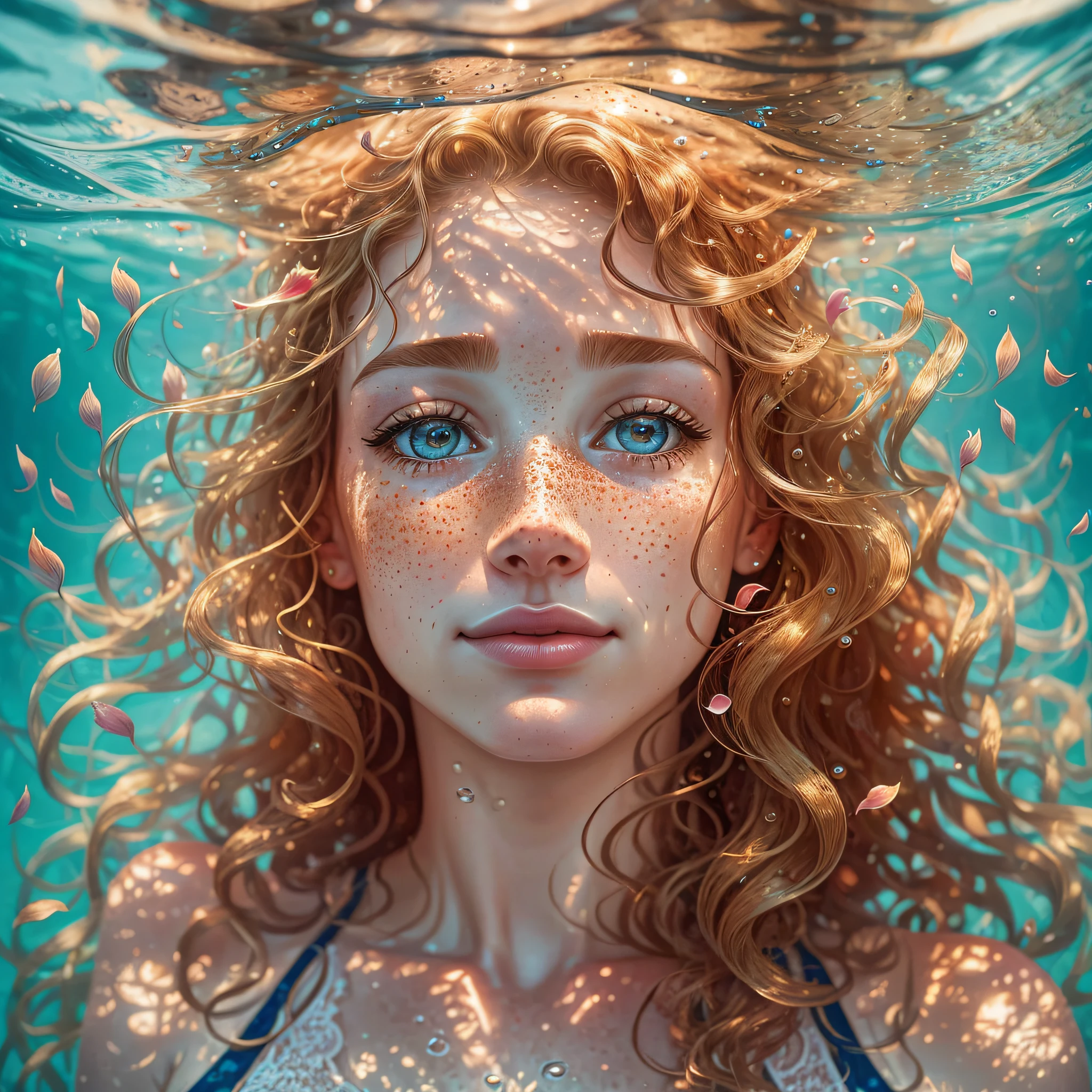 beautiful realistic woman underwater in her thirties with freckles and blonde curls and skindetails during golden hour, skin with beautiful nostalgic mood and freckles with emotive face with wet skin and petals falling --auto --s2