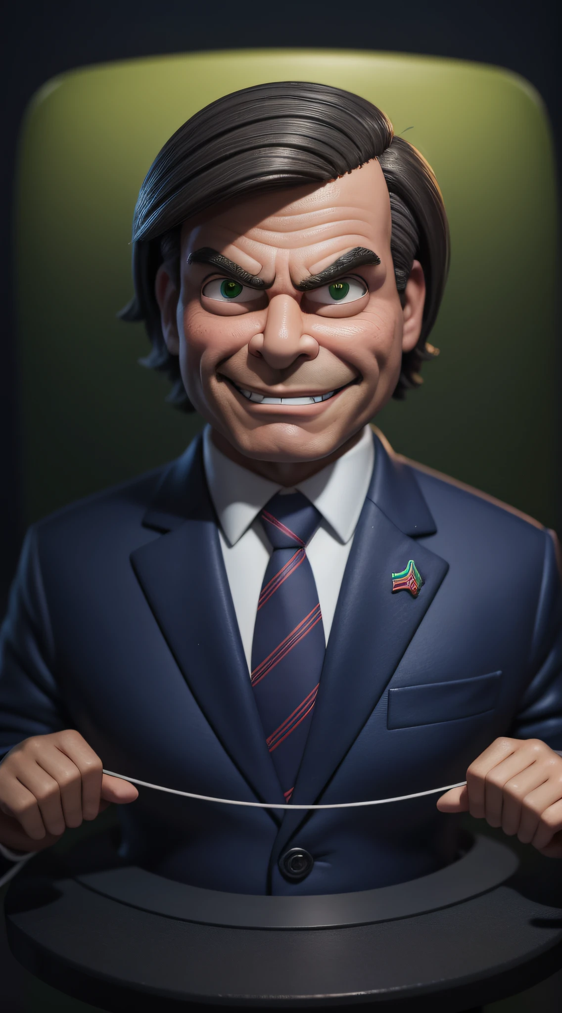 President Bolsonaro, short gray hair, sinister smile, big eyes, looking forward, in suit, toxic smile, scared face, cartoon claymation style.