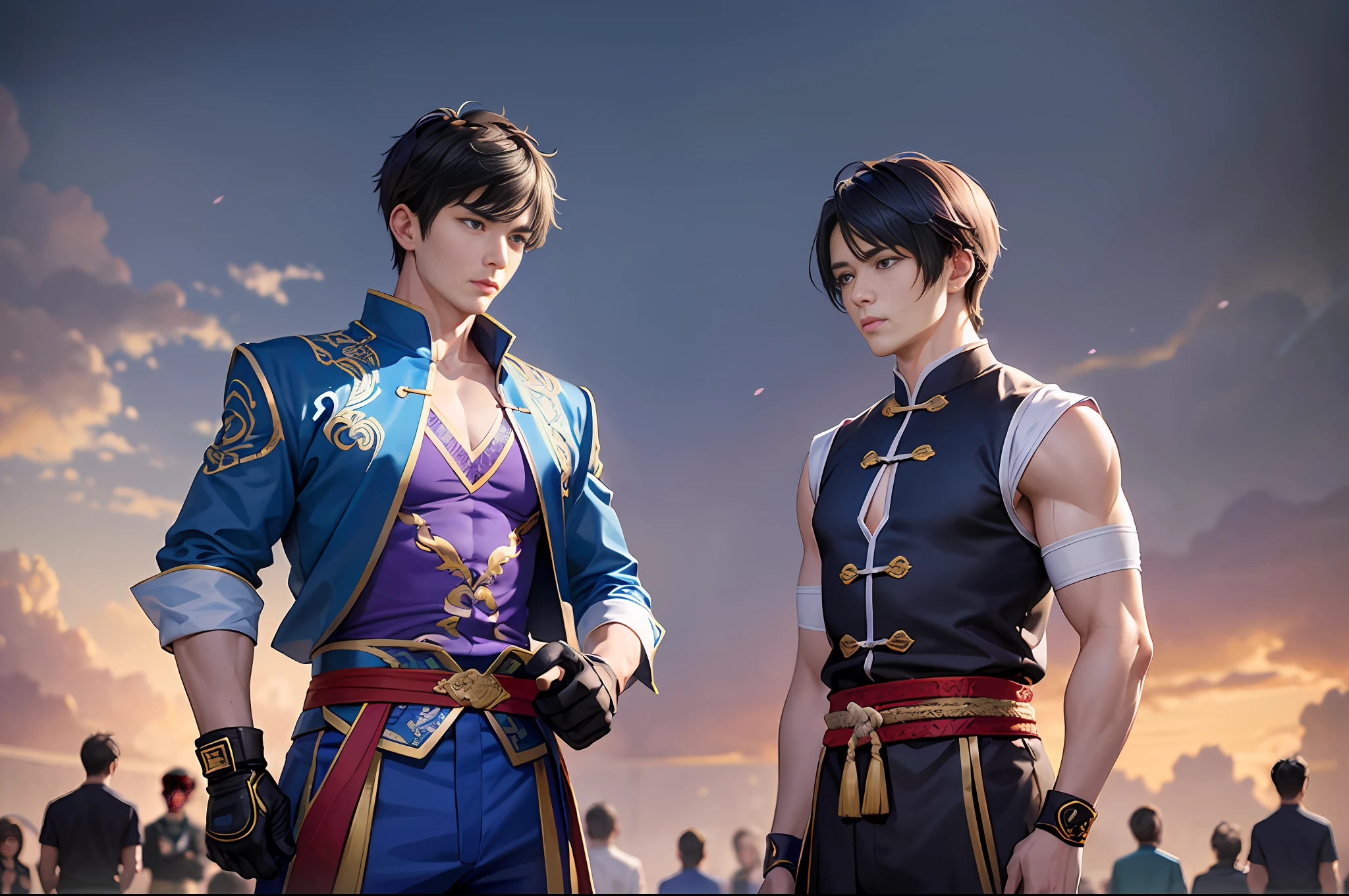 Two 16-year-old boys. (Masterpiece, top quality, best quality, beauty and aesthetics: 1.2) outdoor, oversized, martial arts arena, gathering a lot of people, looking ahead at two 16-year-old boys on the front, talking. Short black hair, serious, two boys standing side by side under the stage, no physical contact, one wearing blue clothes, the other wearing purple clothes, both look quite handsome, Chinese martial arts, Chinese fantasy, 8k, rich details, artistic realism, ultra-high definition.