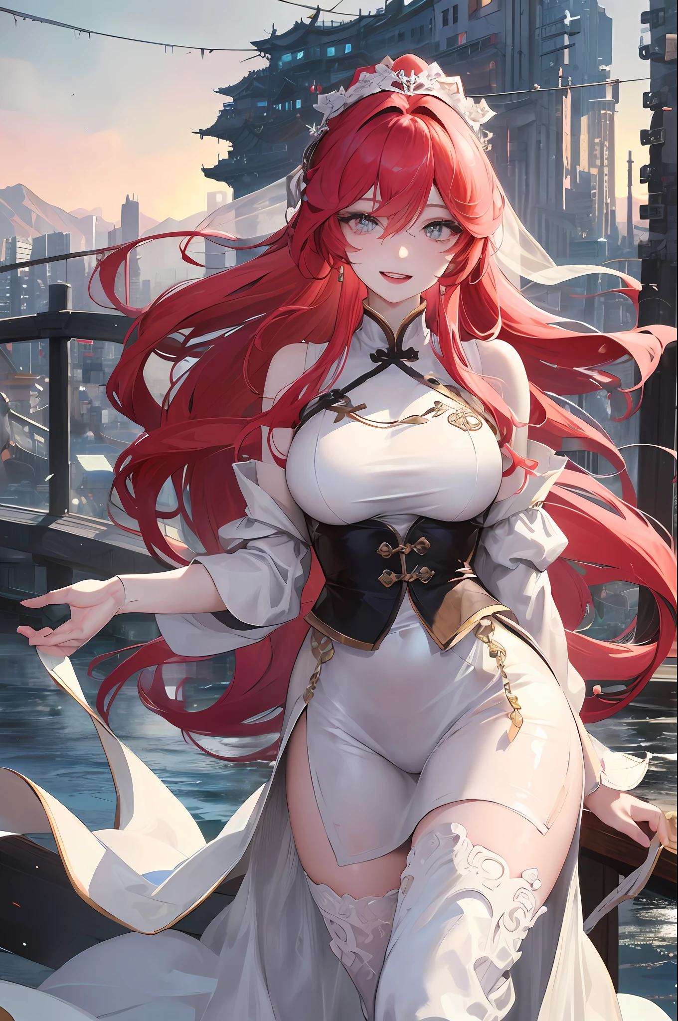 Official Art, Masterpiece, Sharp Focus, (Beautiful Gorgeous Cute Chinese Woman: 1.3), (Beautiful and Lovely Chinese: 1.3), Red Haired Chinese Beauty, Delicately Beautiful Hair and Eyes and Face Reaching the Ground, Realistic, Ultra-detailed, Beautiful Girl, Fine Light Rain, Wet Clothes, Glow White Particles, (Sidelighting: 1.2), Sunlight, White Clouds, Detailed Clouds, Slender, Cute Big Breasts Big Buttocks, Toothy Smile ((Laugh with Eyes Open)), Landscape, Long straight hair, sexy facial expressions, mountains and rivers background, damp clothing clinging to body curves, (cityscape:1.7), dynamic hair, long straight hair, delicate colored hair, glowing heterochromic pupils, (upper body tight vest, tong), black stockings, pale skin, hair accessories, epic landscapes, collars and hair accessories, hair especially long
