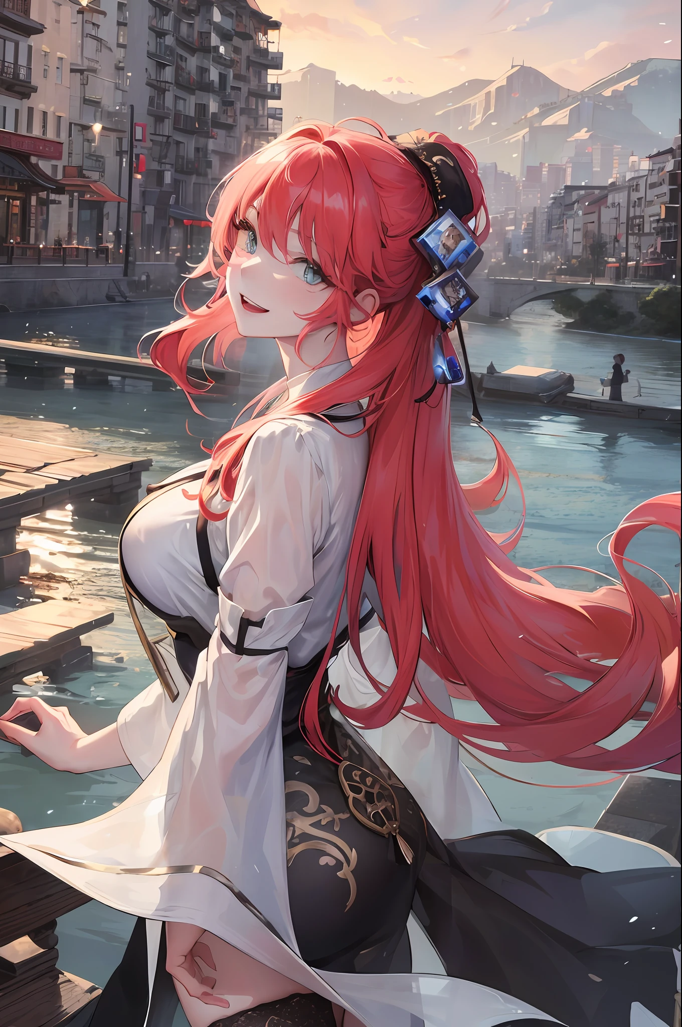 Official Art, Masterpiece, Sharp Focus, (Beautiful Gorgeous Cute Chinese Woman: 1.3), (Beautiful and Lovely Chinese: 1.3), Red Haired Chinese Beauty, Delicately Beautiful Hair and Eyes and Face Reaching the Ground, Realistic, Ultra-detailed, Beautiful Girl, Fine Light Rain, Wet Clothes, Glow White Particles, (Sidelighting: 1.2), Sunlight, White Clouds, Detailed Clouds, Slender, Cute Big Breasts Big Buttocks, Toothy Smile ((Laugh with Eyes Open)), Landscape, Long straight hair, sexy facial expressions, mountains and rivers background, damp clothing clinging to body curves, (cityscape:1.7), dynamic hair, long straight hair, delicate colored hair, glowing heterochromic pupils, (upper body tight vest, tong), black stockings, pale skin, hair accessories, epic landscapes, collars and hair accessories, hair especially long