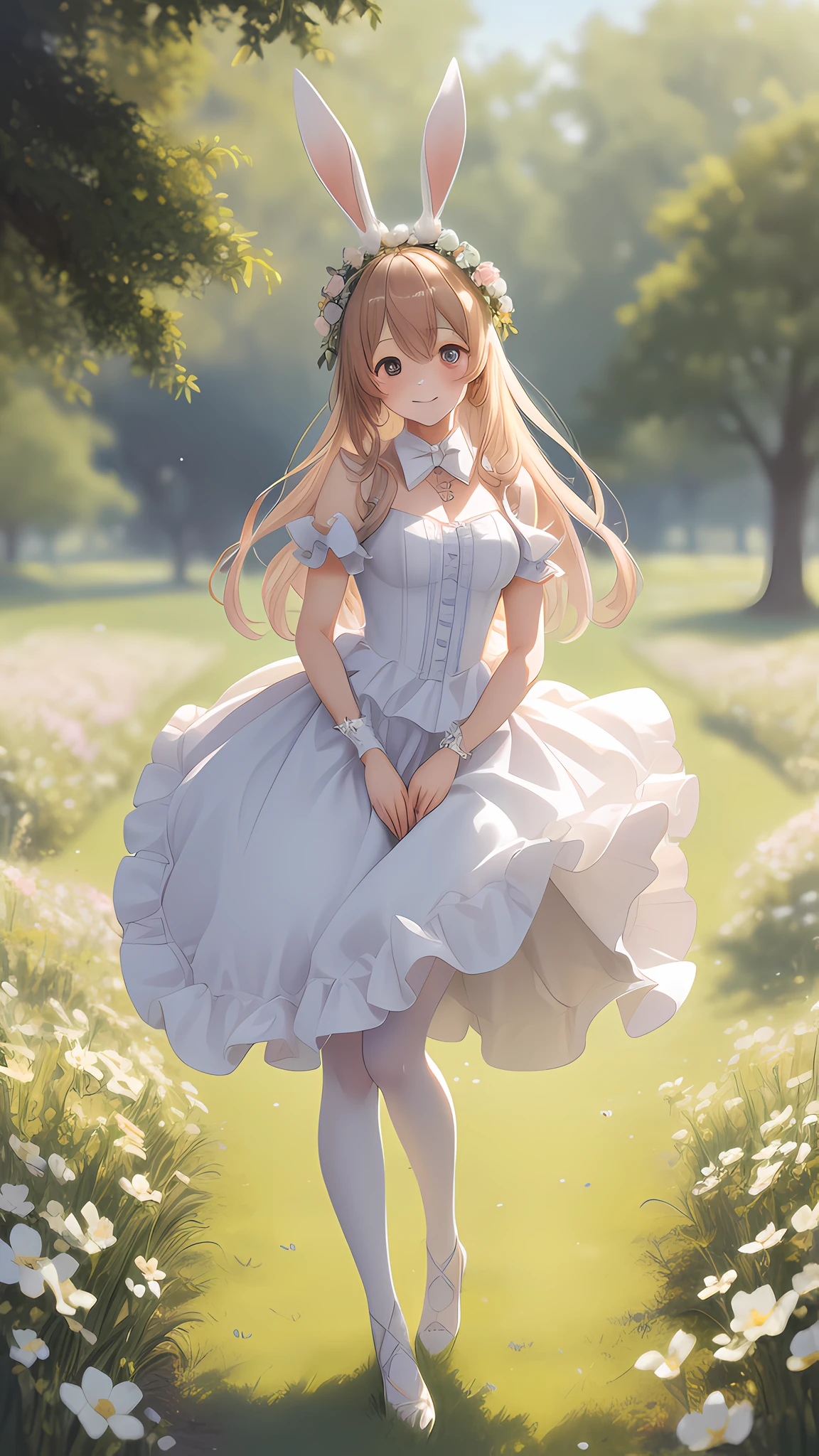 Rabbit morphing mature girl, fluffy, soft ((best quality)), ((masterpiece)), ( extreme detail, highest detail, official art, beauty and aesthetics: 1.2), lens stretch, composition, full body, (beautiful and detailed eyes: 1.3), (very happy: 1), background grass, spring