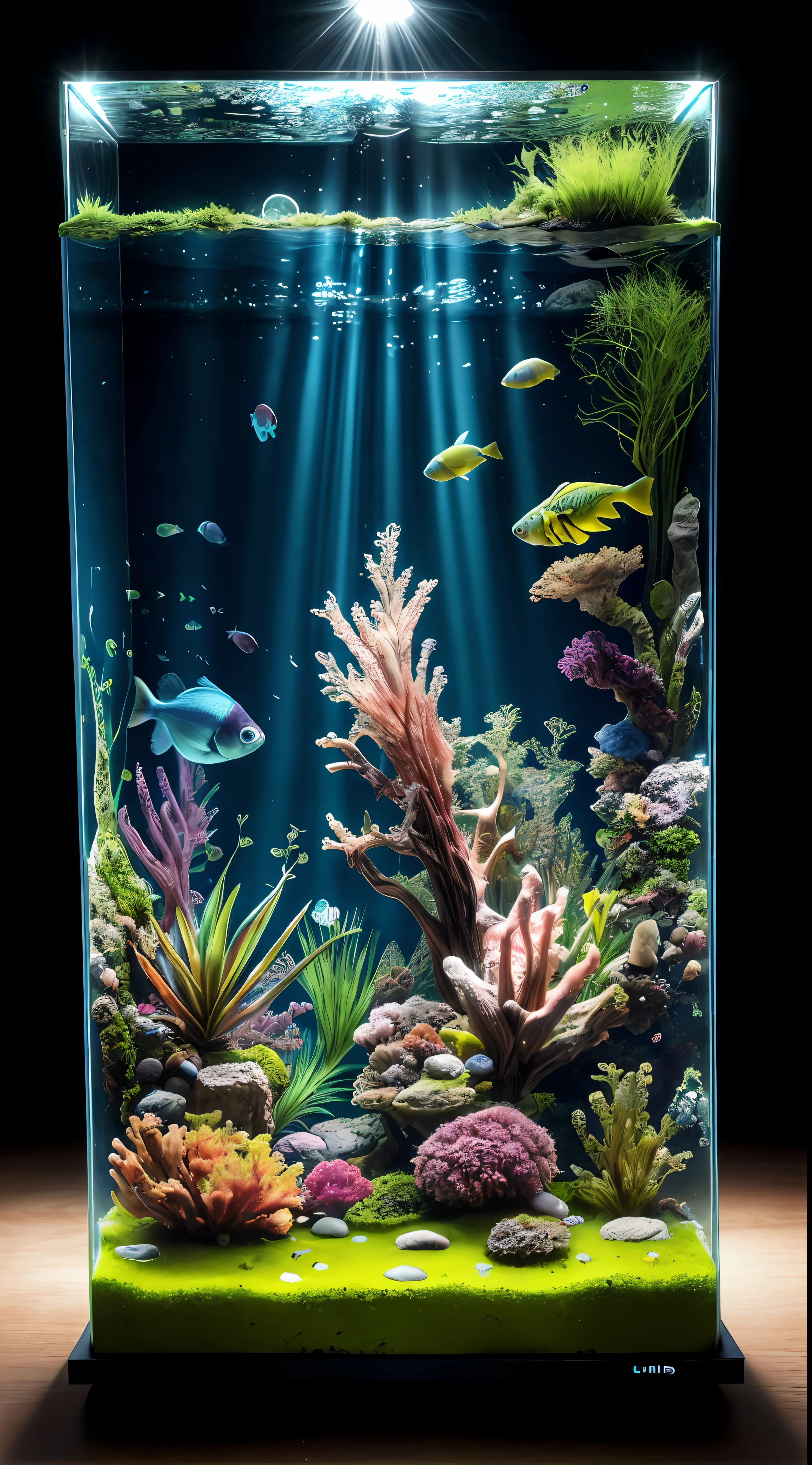 There is a mossy fish tank on the living room table (breathtaking masterpiece: 1.3) (tropical fish: 1.1) Tank RAW simulation landscape photo (build shot) (Sunken Corsair: 1.2) (Intricate details) Bioluminescence (Moss aquaticus) (High detail) (Bubbles) (Best quality) (Spotlight from above: 1.2) (UV backlight) Dark shadow (reflection: 1.2) (degrees of freedom) (Clear focus: 1.3) (8K) (Ultra HD) (HDR) (DSLR)