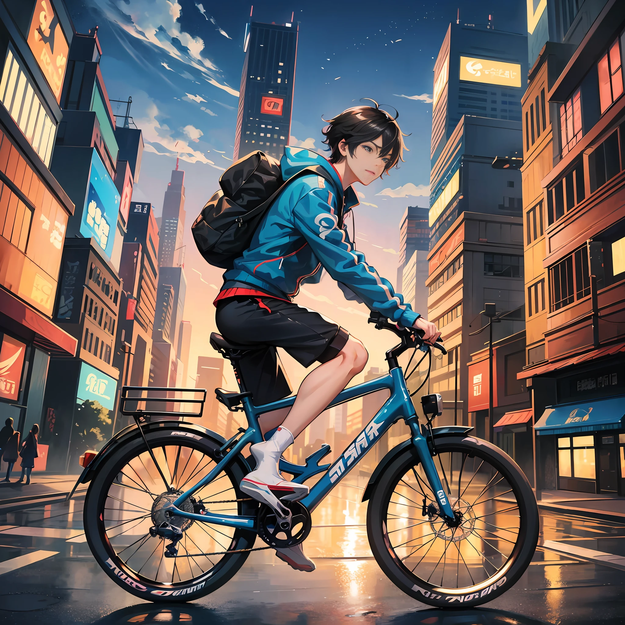 anime style illustration of a man riding a bike on a city street, cyril rolando and goro fujita, artwork in the style of guweiz, by Yang J, in style of atey ghailan, andreas rocha style, inspired by Liam Wong, by Jason Chan, atey ghailan 8 k, by Goro Fujita, bicycle --auto --s2