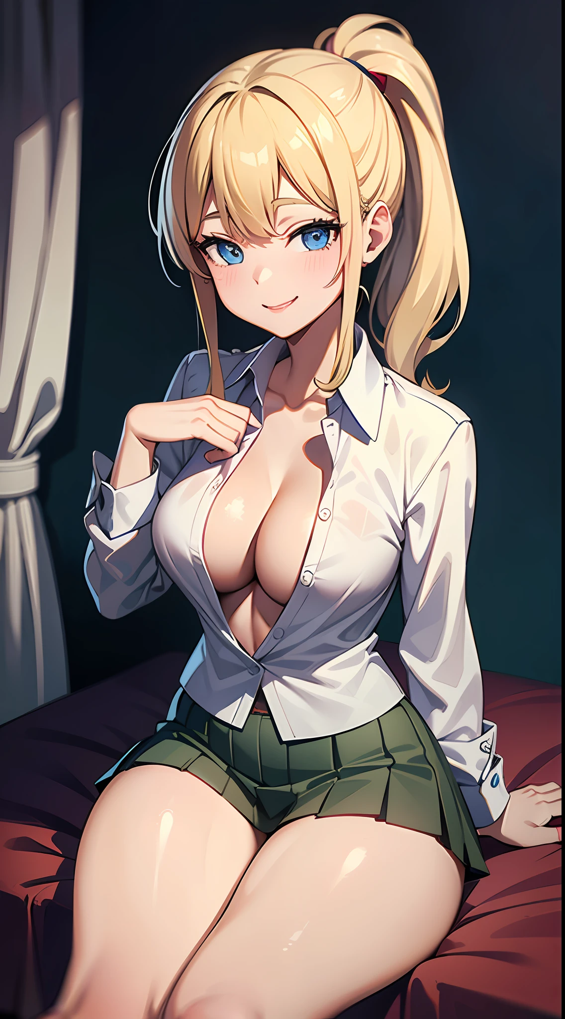 1girl, masterpiece, best quality, medium full shot, blonde ponytail, ((unbuttoned school uniform, cleavage, sexy body)), smiling, erotic pose, busty, sitting on bed