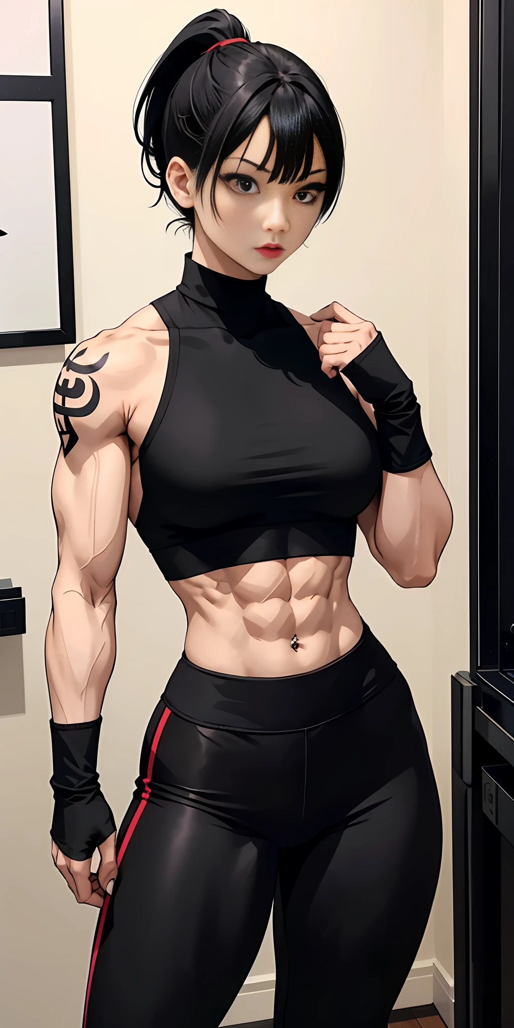 Boy, Asian, , adult, tattoo, lipstick, gothic, girl face, serious face, , black hair (ponytail with bangs),perfect body, fit body, thin waist, (gym), muscular, small female chest, yoga pants (black), sports sweater
