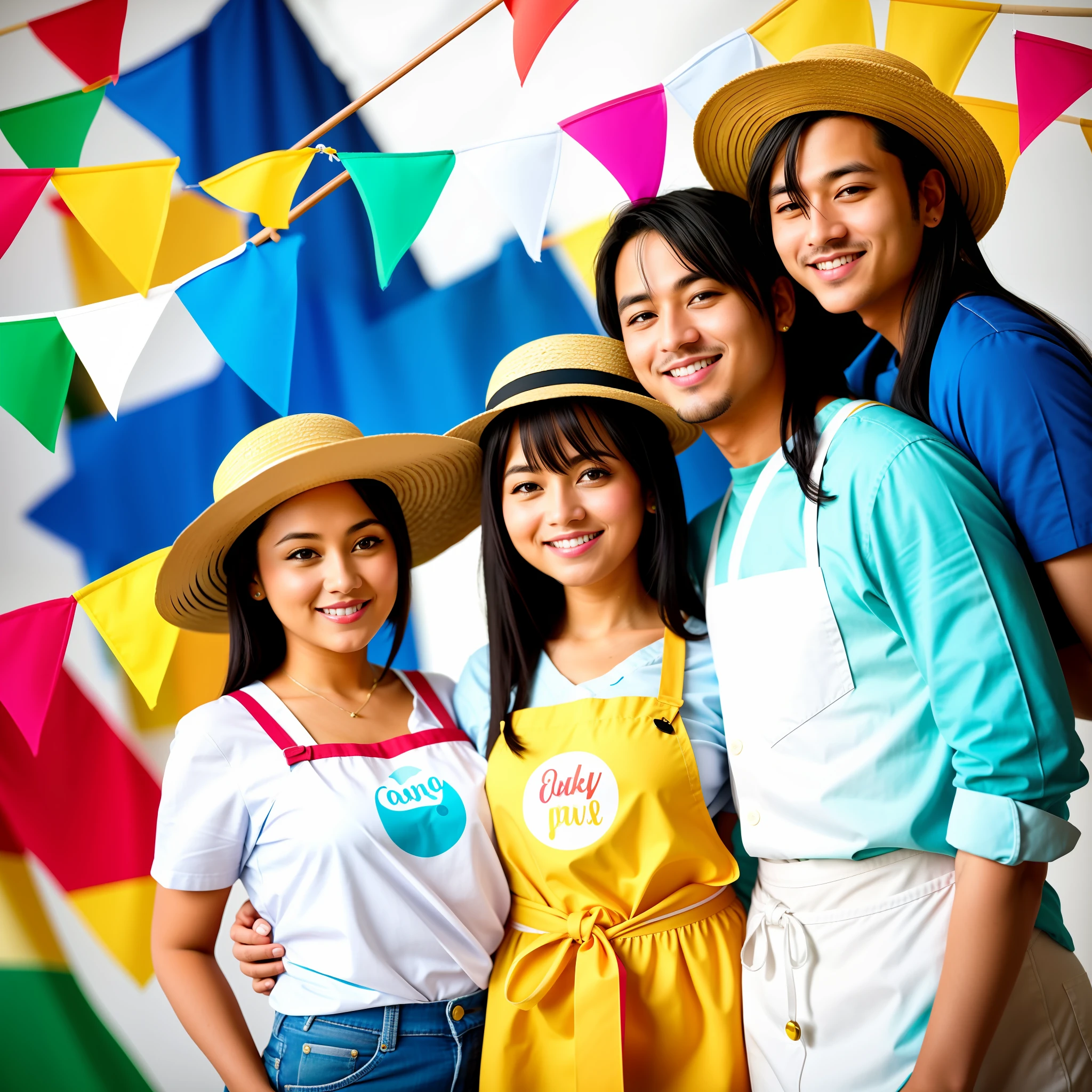 A couple, A beautiful woman next to a man with a smiling face, wearing a straw hat, wearing a June party hat, June parties, white graffiti splash background, a beautiful young chef, wearing a black apron with a colorful blouse emblazoned in June party colors, wearing jeans, medium black hair, holding a large can of delicious candy,  Creamy candy splash, colorful paper flags in the background, white background, 8k, uhd, severe low lighting, high quality, sharp focus, fujifilm XT3.