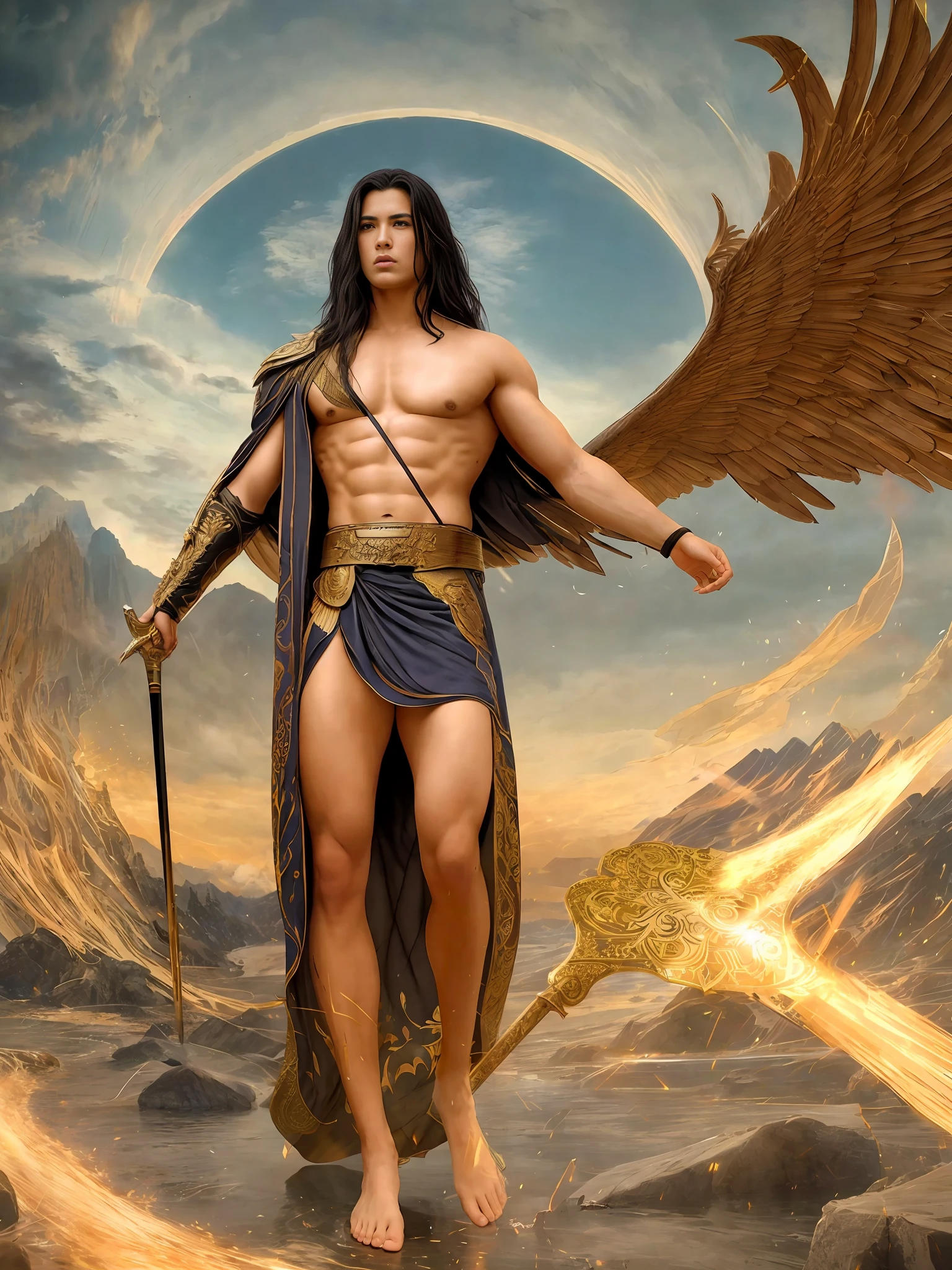 (masterpiece) create a ultra realistic Portrait of a strong and handsome male winged god. The god should have a confident and powerful expression on his face, with piercing eyes that convey his strength and wisdom. His hair should be long and flowing, and his skin should be smooth and flawless.As for clothing, the god should be adorned in regal and luxurious greek like garments, perhaps with a long flowing cape that billows behind him in the wind. He should be carrying a weapon of some sort, perhaps a sword of light or a spear of fire, to signify his strength and power. The overall mood of the image should be one of awe and reverence, with the god depicted in a majestic and god-like manner. The background of the image should be epic and grand, perhaps with clouds or mountains in the distance to further emphasize the god's divine stature. The final image should be awe-inspiring and leave the viewer in no doubt of the god's power and majesty. 3d render, octane render, cinematic, trending on artstation | Isometric | Centered hipereallistic cover  photo awesome full color, ,  hand drawn, dark, gritty, realistic  mucha, klimt, erte .12k,  intricate. hight definition , cinematic,Rough sketch, mix of bold dark lines and loose lines, bold lines, on paper , full body with silky dress, humanoid, Full body