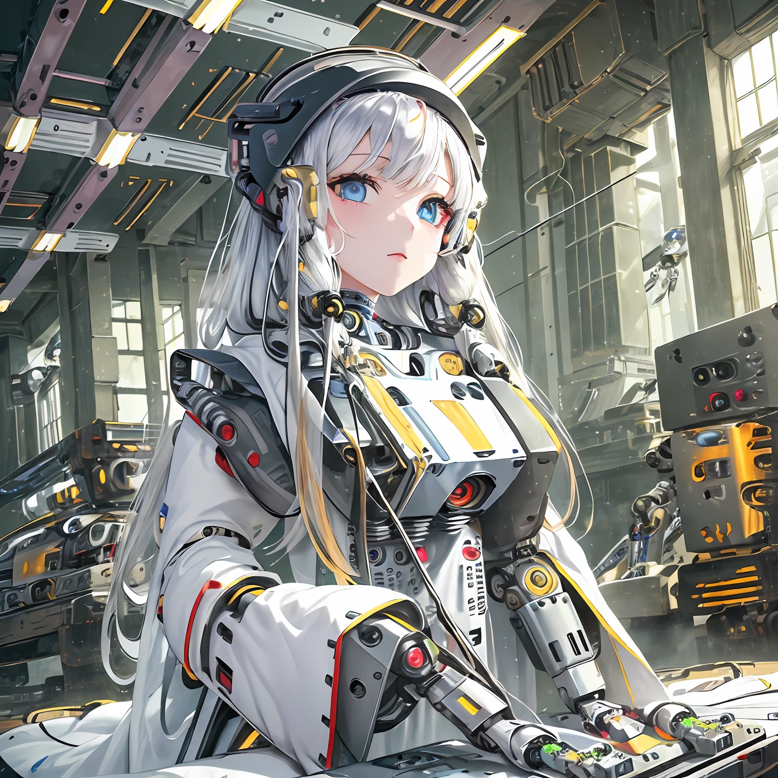 (masterpiece:1.4), (artwork:1.2), (soft and simple colors:1.2), (mechanical arms:1.1), (heterochromia+multicolored:1.33), (1girl:1:1), (long white hair with bangs), (portrait:1:1), (best disinger), (wearing robotic+technological robes:1:2), (extremely drawn eyes:1.3), (well-made iris+painted+perfection:0.8)0.7], (extremely detailed CG 8k unit wallpaper0.6), (machine shop scenario:1:1)