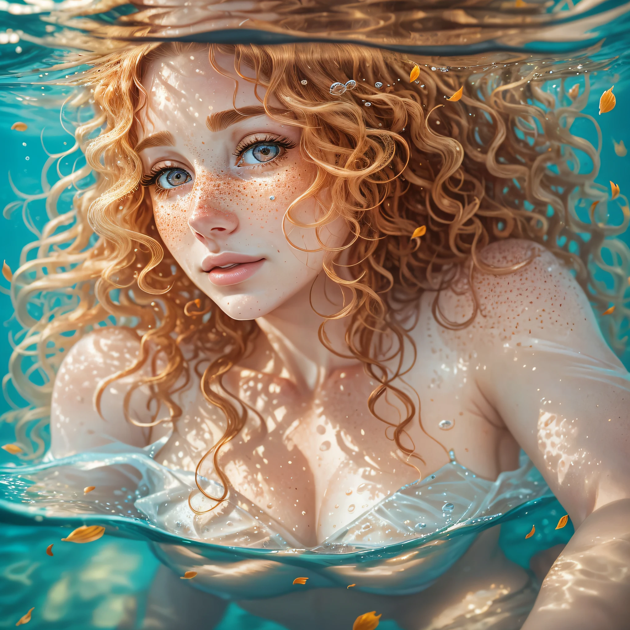 beautiful realistic woman underwater in her thirties with freckles and blonde curls and skindetails during golden hour, skin with beautiful nostalgic mood and freckles with emotive face with wet skin and petals falling --auto --s2