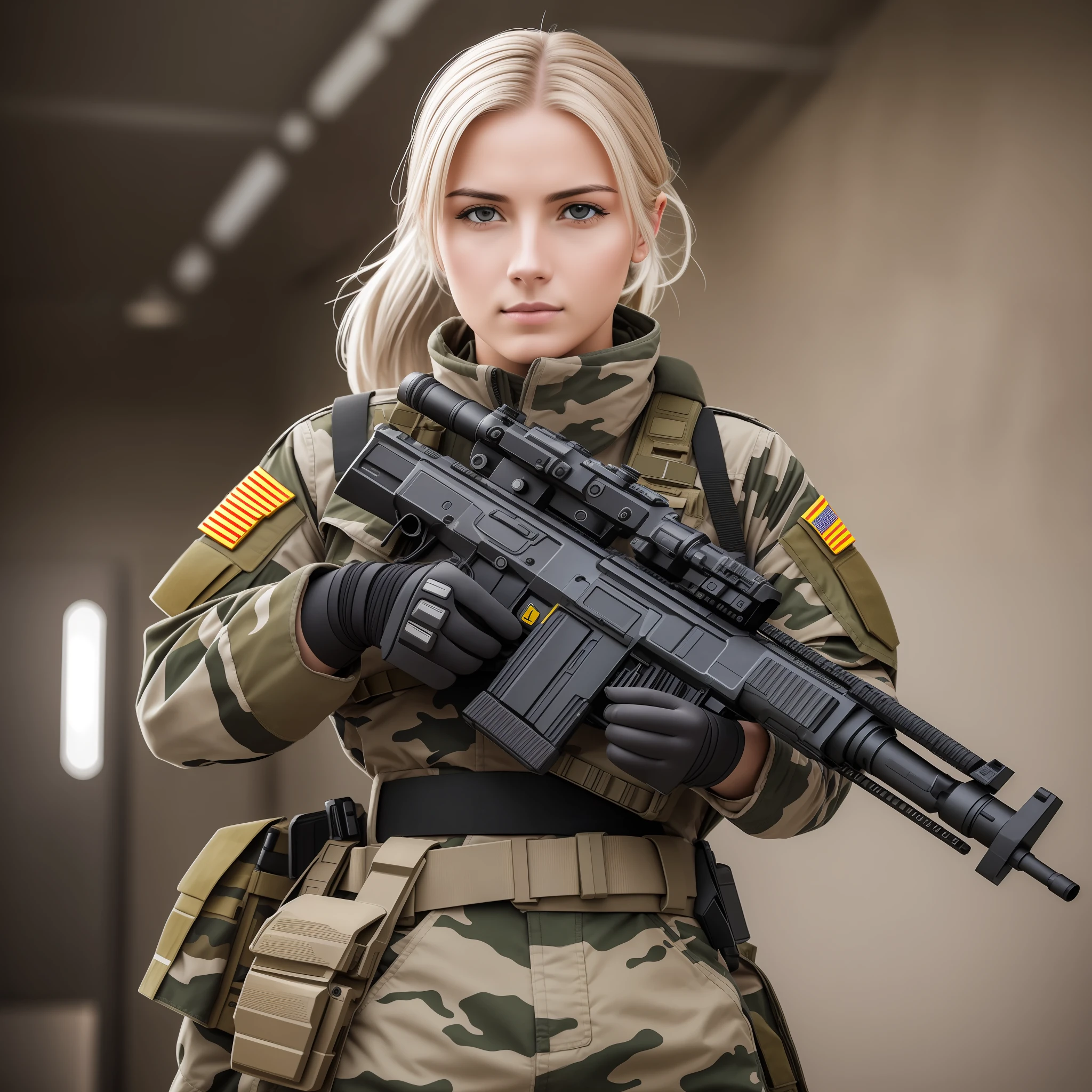female soldier with 8k futuristic gun, uhd, severe low lighting, high quality, sharp focus, fujifilm XT3 --auto --s2