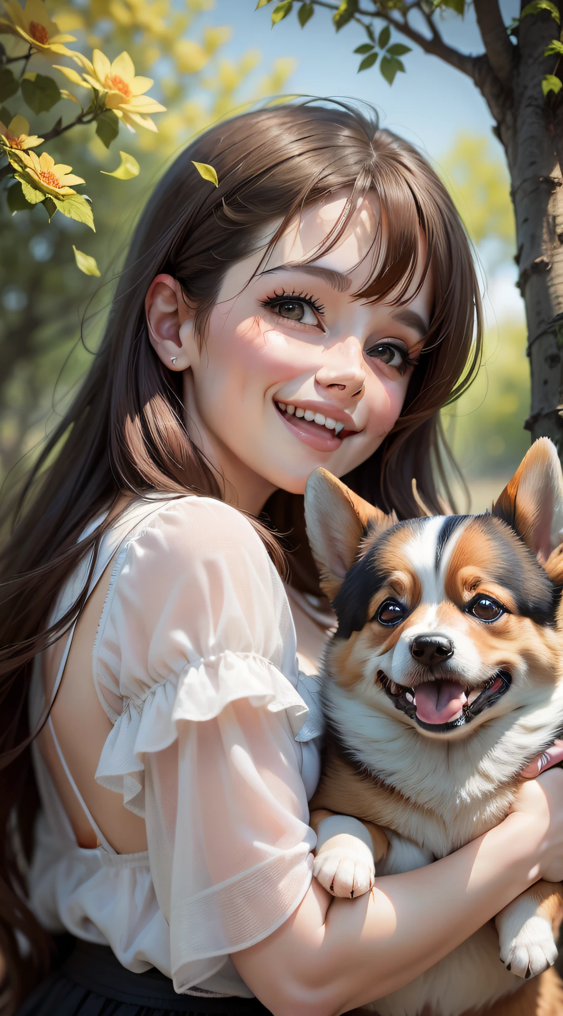 Portrait of a young woman with a corgi puppy, set against a beautiful natural background. The woman is laughing joyfully, while the corgi is captured in a playful and endearing pose. Let the nature background be an important feature in this piece, adding depth and beauty to the overall composition.