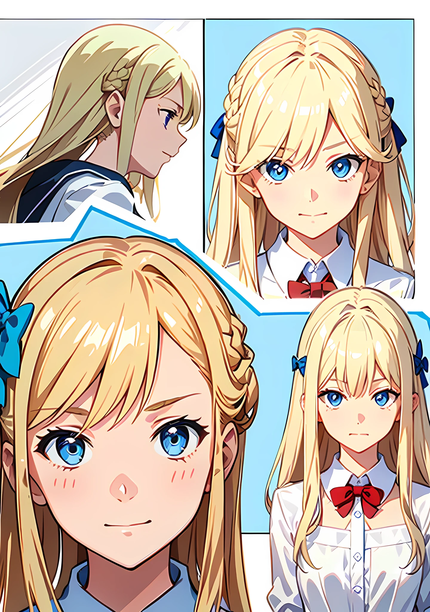 ((himenoa, blonde hair, blue eyes,red bow)), a series of panels that show the (same character experiencing different emotional states.) show the character as smiling, happy, sad, angry, anxious, excited, and so on, using different poses, and facial expressions to convey each emotion. text ,speech bubbles,pixiv, process art,high resolution!!, popular on pixiv, multiple views(,comic)