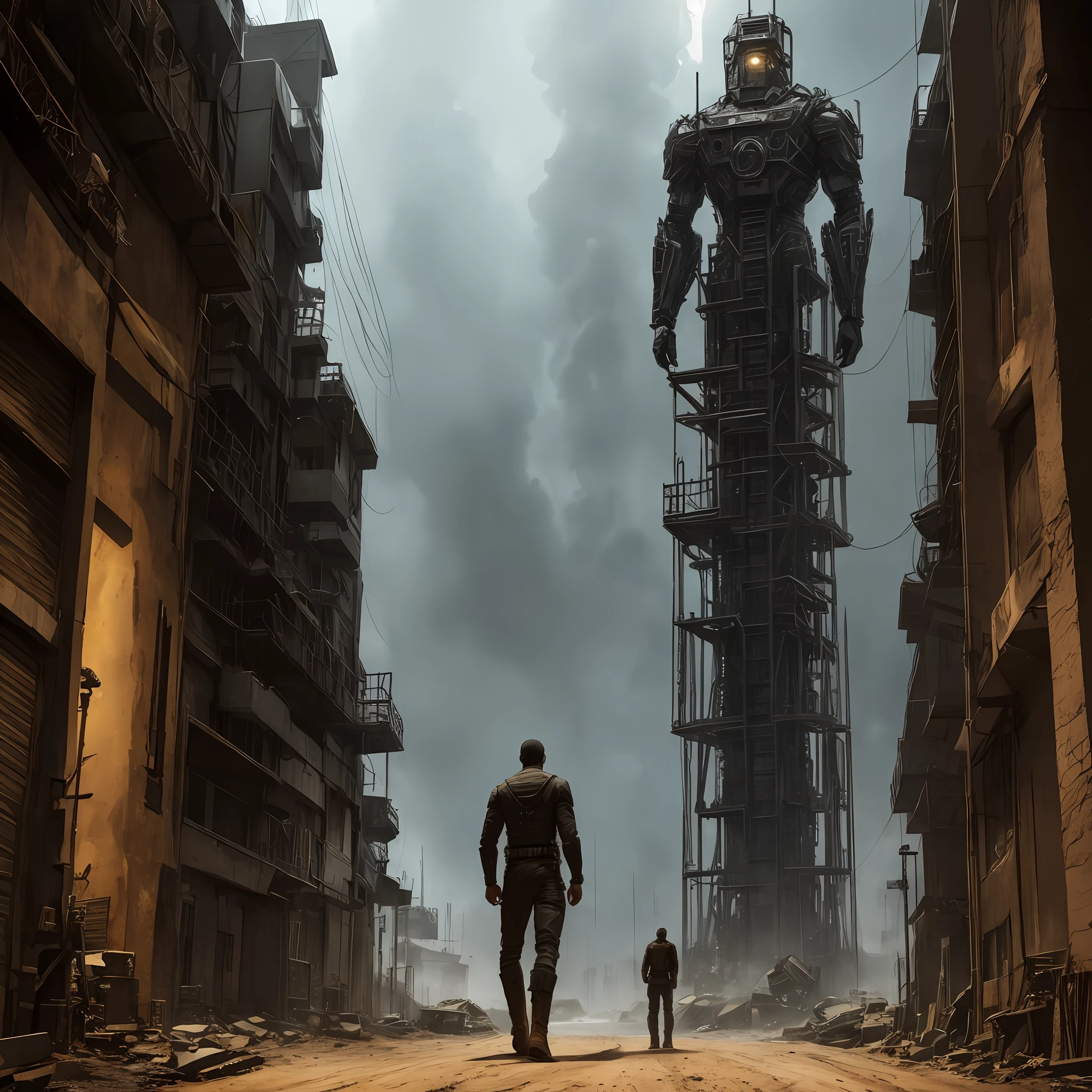 A humanoid tread tower wearing boots on his feet, fantastic, realistic, movie scene, dark environment, background music, savior art from there