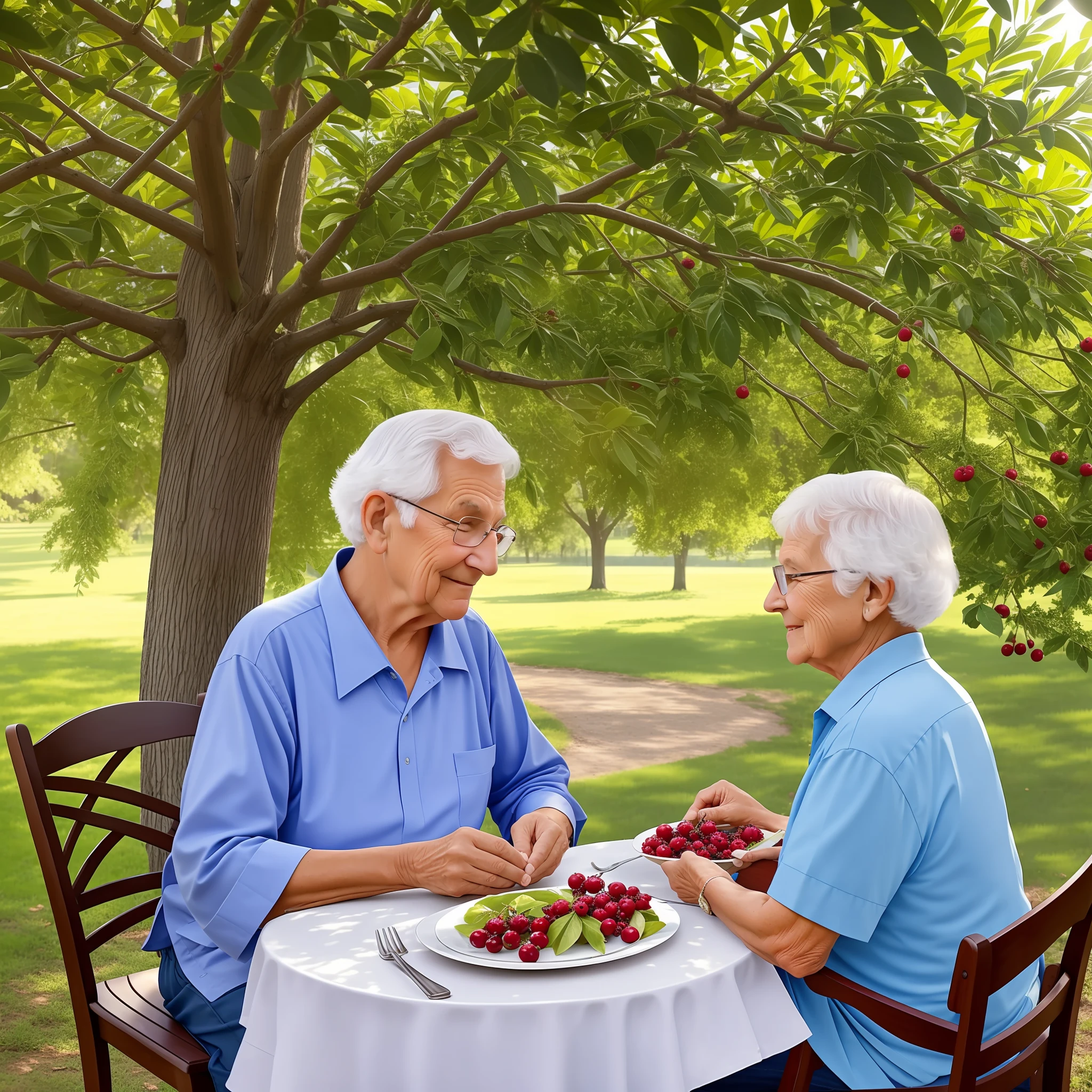 Grandparents were chilling under a tree, and grandma was sitting at a table with a fan and a plate of bayberry on the table --auto --s2