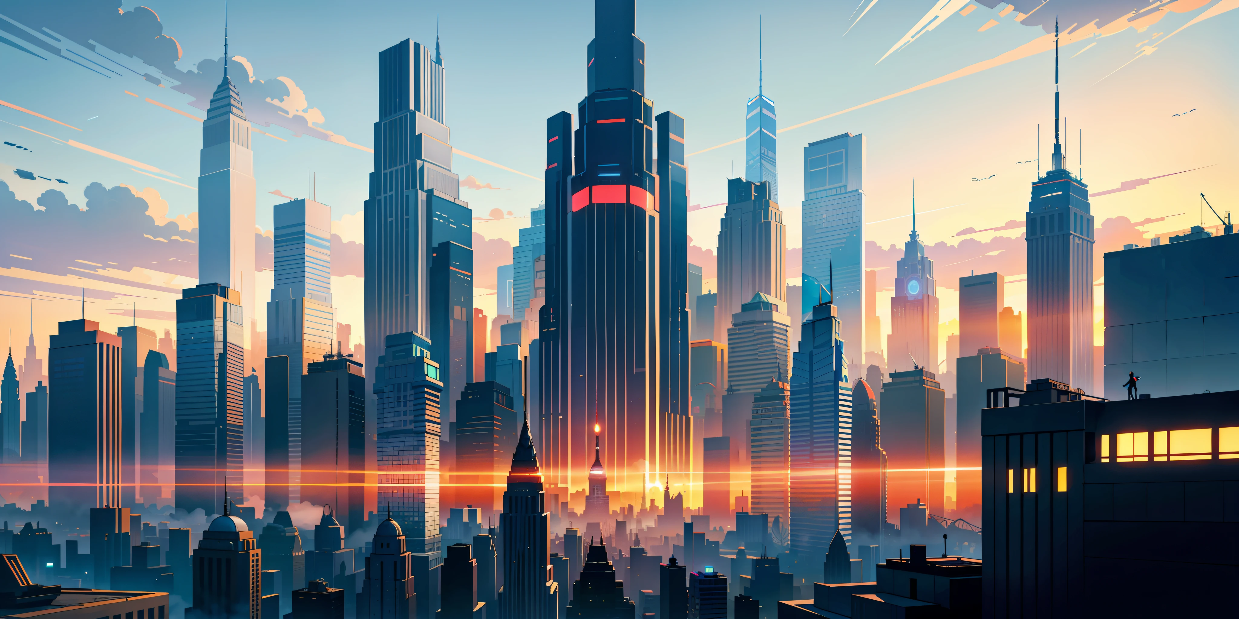 A painting of a city skyline at sunset, 2d/3d mashup poster design, style of duelyst, tall skyscraper, new york in the future, futuristic but colorful shading, stacked city, monolith, lowres, the city is on fire, official artwork, inspired by James Gilleard, conceptual art, trending on artstation, beeple colors