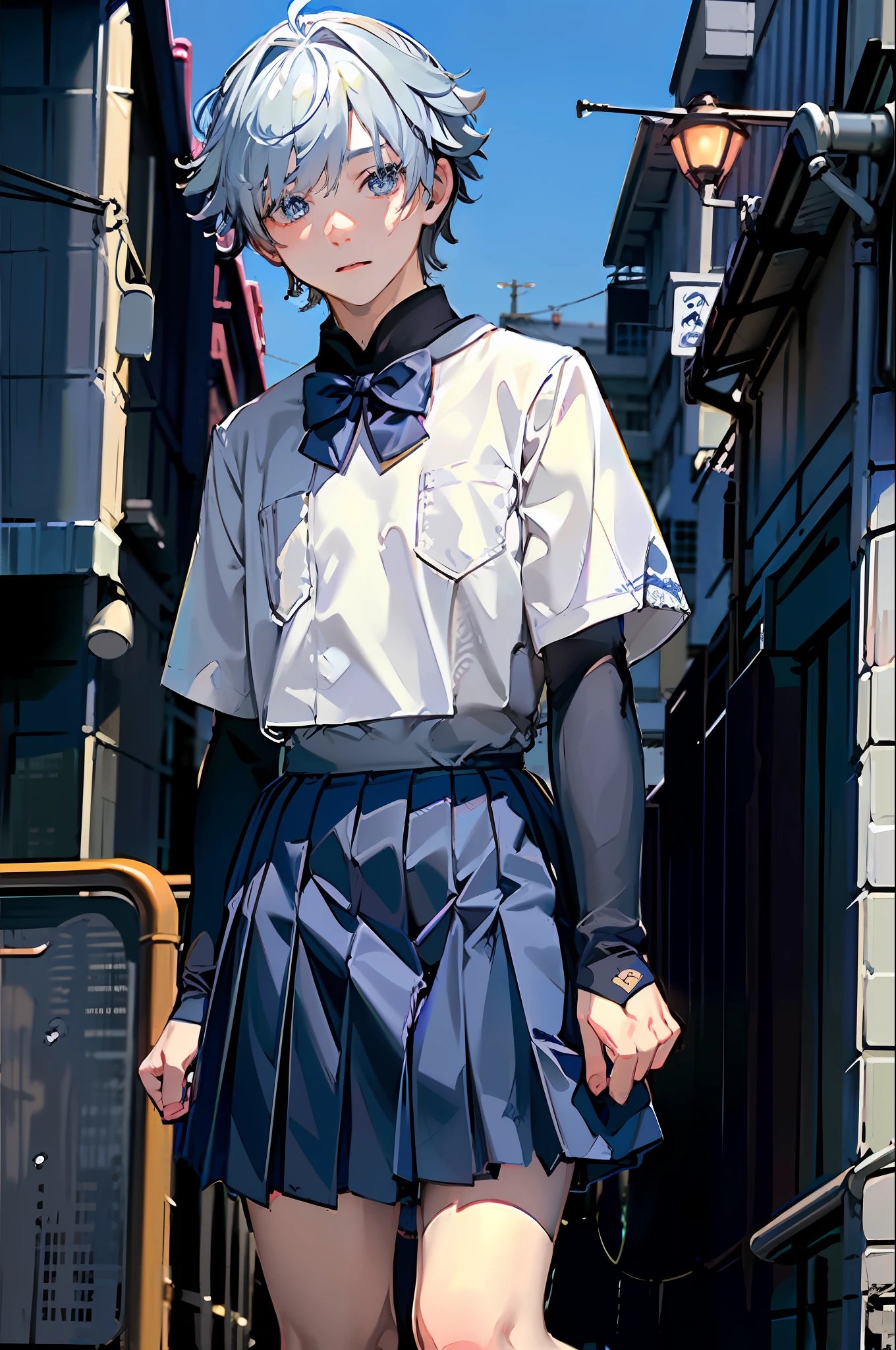 (8k, RAW photo, best quality, masterpiece:1.3),(realistic,photo-realistic:1.37),(night),(looking at viewer:1.331),(white hair),posing,Tokyo street,nightcityscape,soft light,1boy, extremely beautiful face,bust,put down hands,Random hairstyle,Random expression,big eyes, ,lower abdomen,(short-sleeved
JK_shirt),JK_style,(dark blue JK_skirt) ,(bow JK_tie),mix4, , (school uniform:1.5), chongyun_(genshin impact),light blue hair,cute face,upper body,chongyun (genshin impact), 1boy, mature male, solo, blue eyes, blue hair, gloves, ahoge