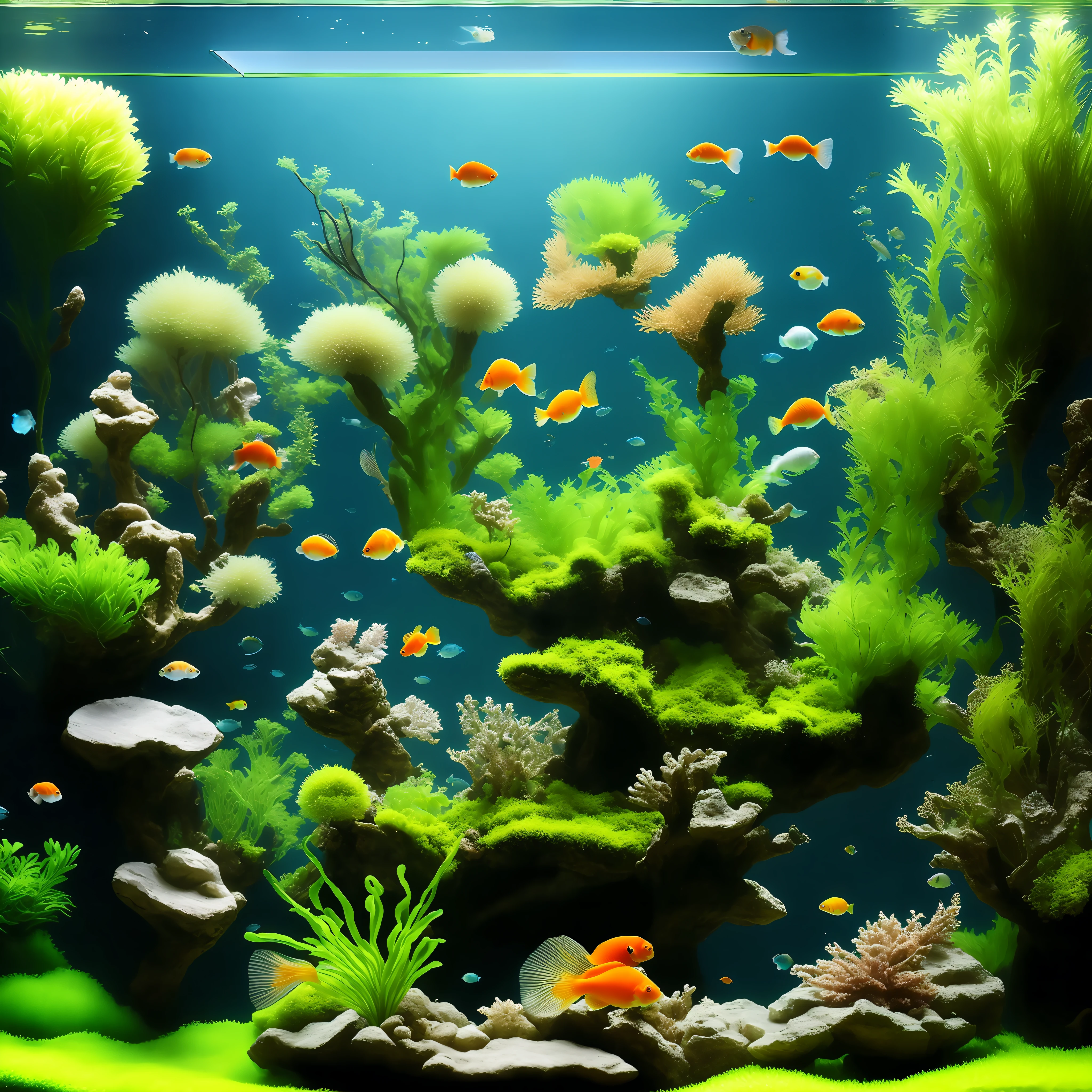 There is a large square glass fish tank with moss aquatic weeds and goldfish, high resolution, magic 3D,