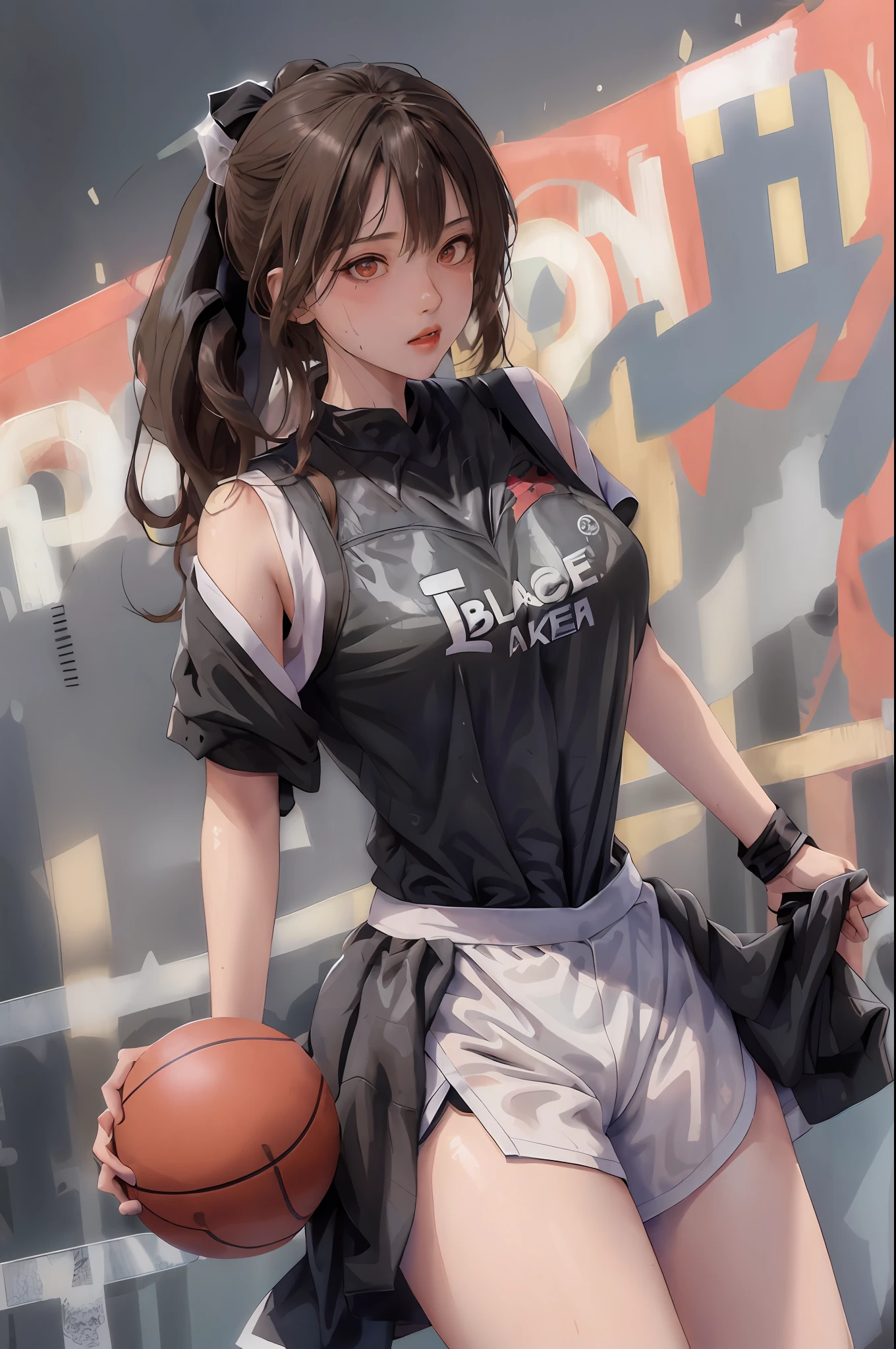 Masterpiece: 1.2, best quality), realistic, (real picture, rich details details, depth of field), (1girl, solo), makeup, cleft lip, high detail, perfect face shape, (big breasts: 1.4), (skindentation), thick thighs, wide buttocks, Thin waist, tall, coral, red lips, red eyes, ponytail, (((((basketball girl, transparent black basketball suit)))), (sweat: 1.2), (wet), sexy, blushing, sweaty