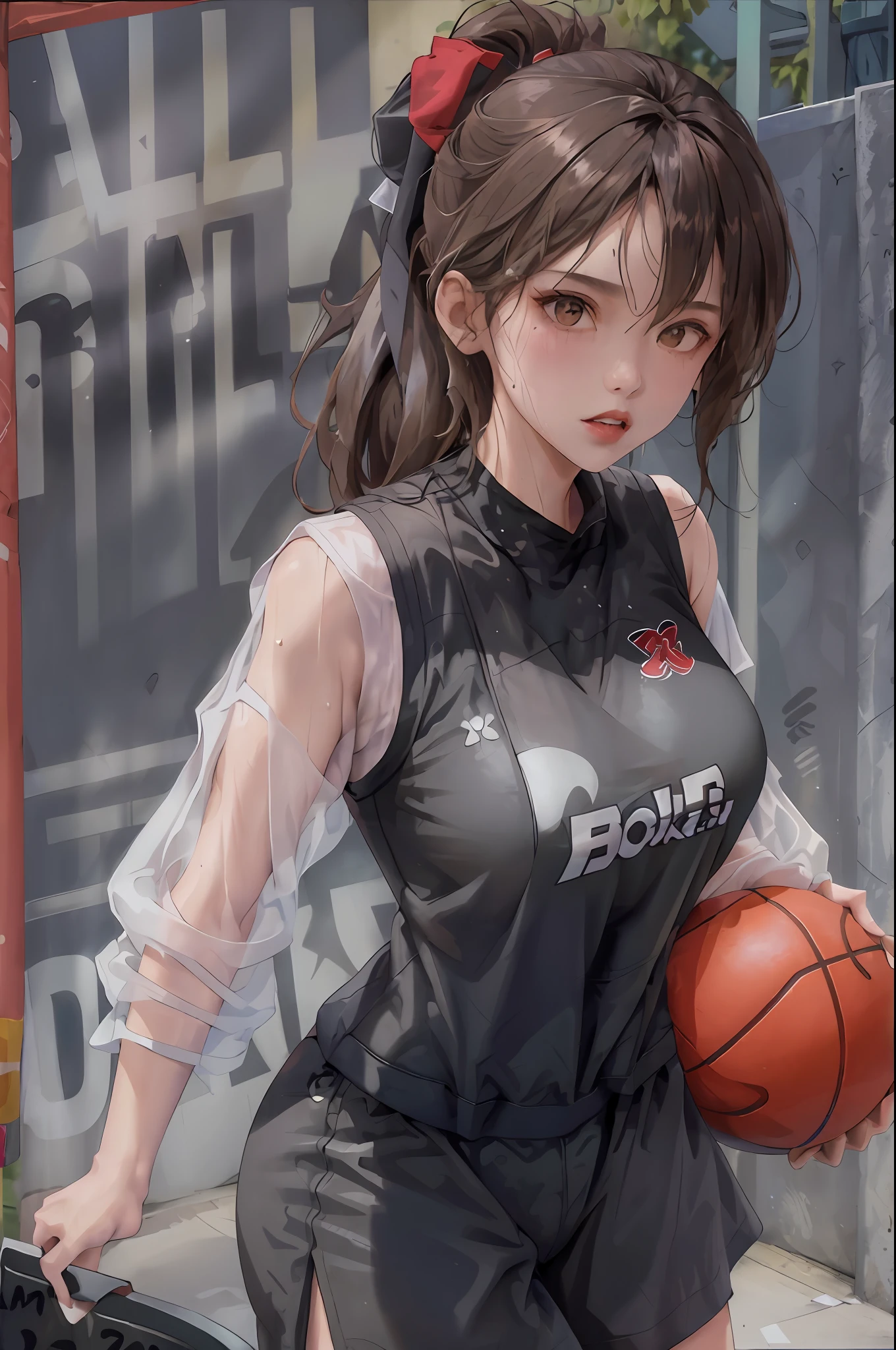 Masterpiece: 1.2, best quality), realistic, (real picture, rich details details, depth of field), (1girl, solo), makeup, cleft lip, high detail, perfect face shape, (big breasts: 1.4), (skindentation), thick thighs, wide buttocks, Thin waist, tall, coral, red lips, red eyes, ponytail, (((((basketball girl, transparent black basketball suit)))), (sweat: 1.2), (wet), sexy, blushing, sweaty