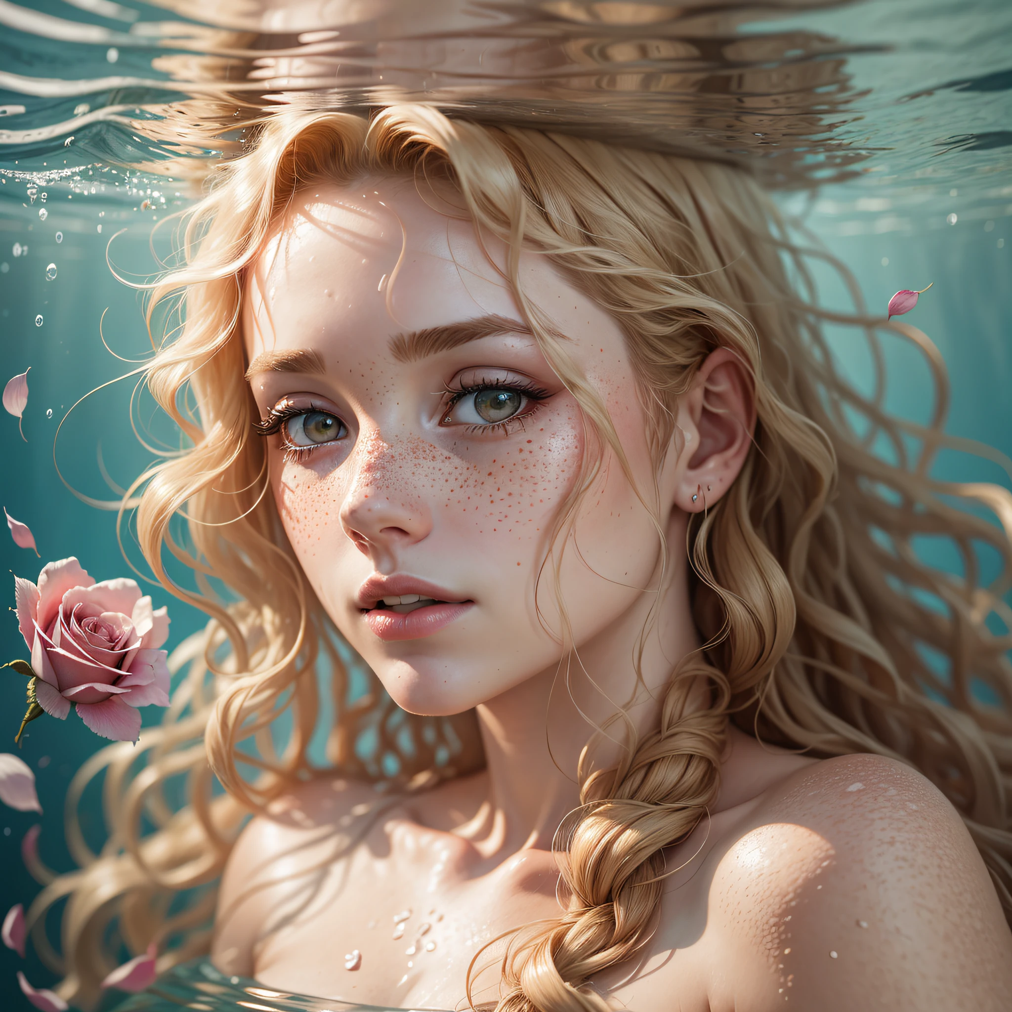 Gorgeous sexy beautiful realistic woman underwater in her thirties on field with cotton and roses, with freckles and blonde curls and skindetails during golden hour, skin with beautiful nostalgic mood and freckles with emotive face with wet skin and petals falling --auto --s2