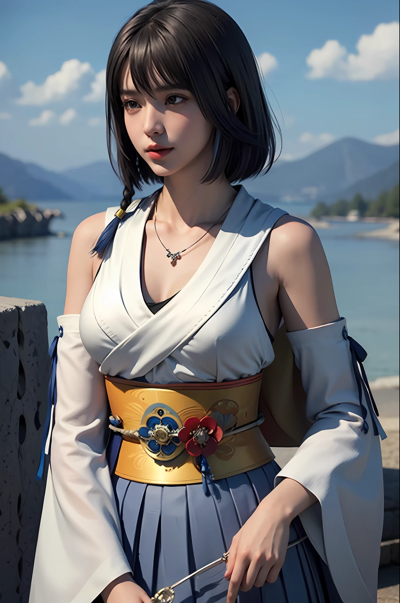 1 Girl, Solo, Jewelry, Parted sleeves, Necklace, Blue beaded earrings, Hakama skirt
Yuna FMX,
Ultra high resolution, photorealistic, highly detailed, detailed face, solo cute woman, ephemeral beauty, fantastic sky, blue sky, white clouds,
medium-breasted, (masterpiece, high quality), watch the viewer, bob cut, shiny skin,
charming, dreamy, ((thick bangs)),