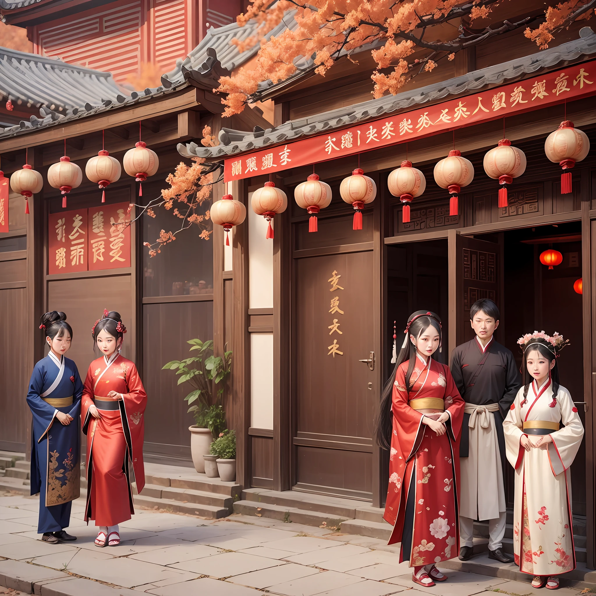 In China's rural people, people's clothing style is Hanfu, the facial expressions of the human face should be natural, people hold New Year gifts, the building is a Tang Dynasty style building, and the decoration of the building needs to have a New Year atmosphere --auto --s2