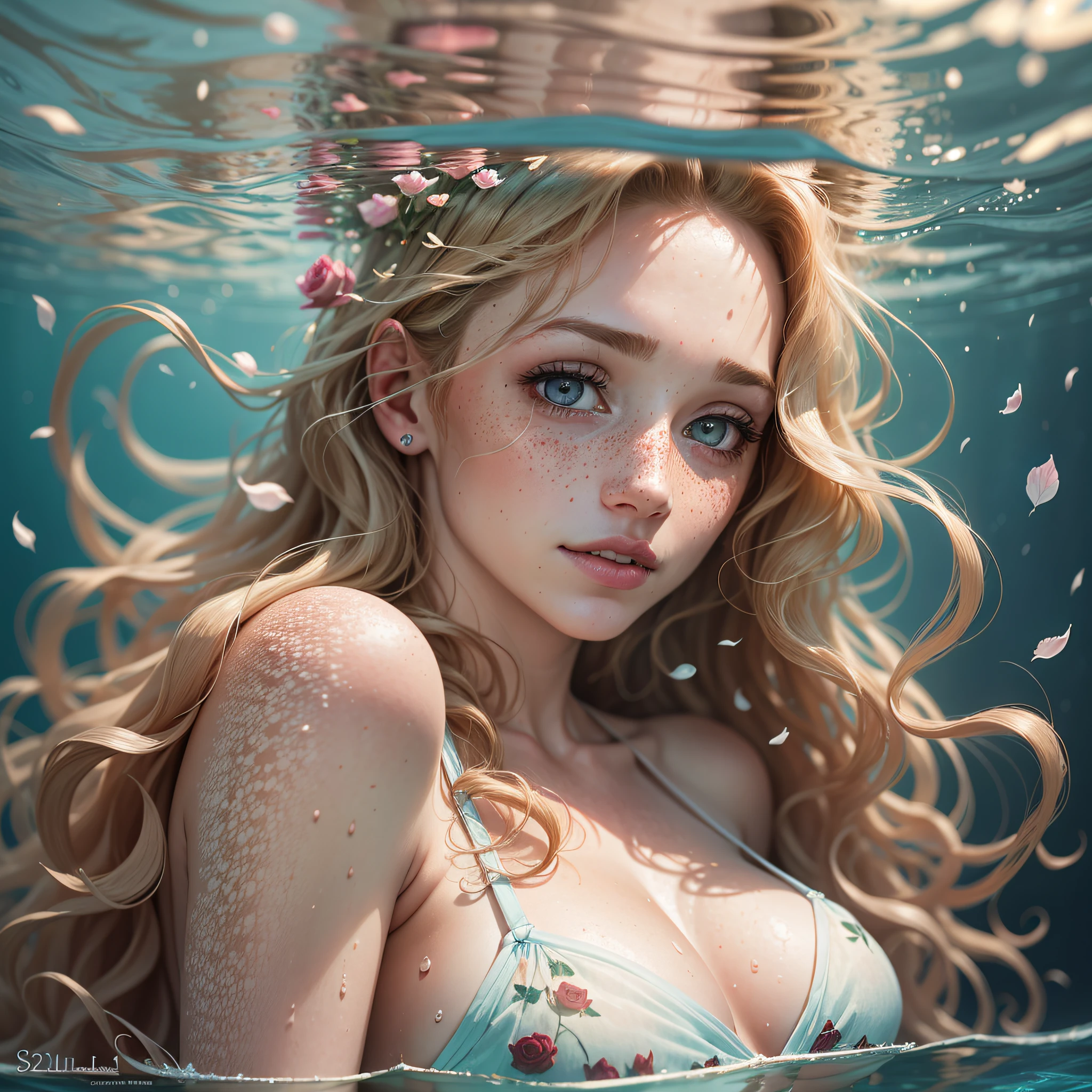 Gorgeous sexy beautiful realistic woman underwater in her thirties on field with cotton and roses, with freckles and blonde curls and skindetails during golden hour, skin with beautiful nostalgic mood and freckles with emotive face with wet skin and petals falling --auto --s2