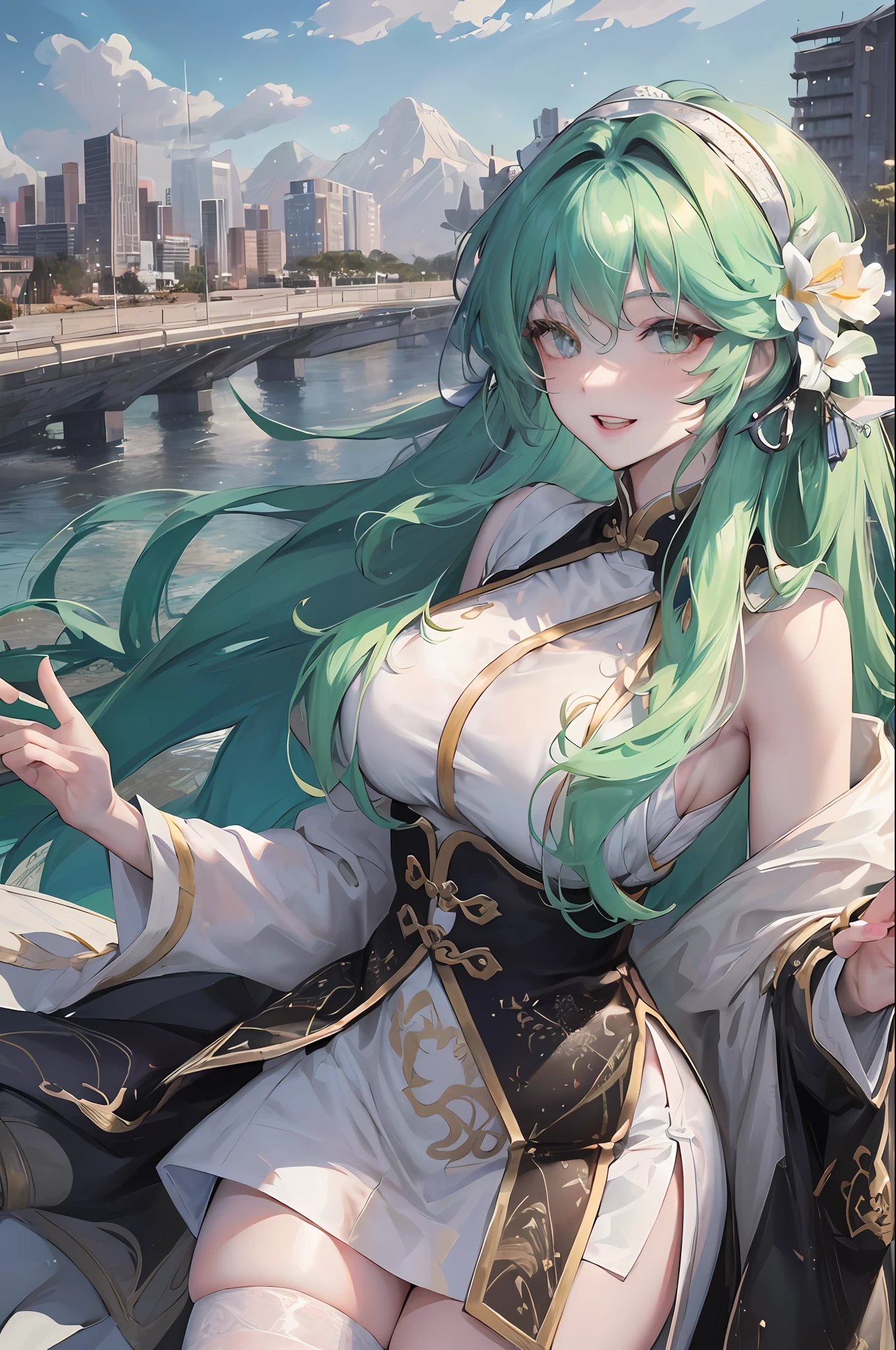 Official Art, Masterpiece, Sharp Focus, (Beautiful Gorgeous Cute Chinese Woman: 1.3), (Beautiful and Cute Chinese: 1.3), Chinese Beauty with Light Green Hair, Delicate Beautiful Hair and Eyes and Face Reaching the Ground, Realistic, Ultra-detailed, Beautiful Girl, Fine Light Rain, Wet Clothes, Glowing White Particles, (Sidelighting: 1.2), Sunlight, White Clouds, Detailed Clouds, Slender, Cute Big Breasts Big Buttocks, Toothy Smile ((Laughing with Eyes Open)), Landscape, Long straight hair, sexy facial expressions, mountains and rivers background, damp clothing clinging to body curves, (cityscape:1.7), dynamic hair, long straight hair, delicate colored hair, glowing heterochromic pupils, (upper body tight vest, tong), black stockings, pale skin, hair accessories, epic landscapes, collars and hair accessories, hair especially long