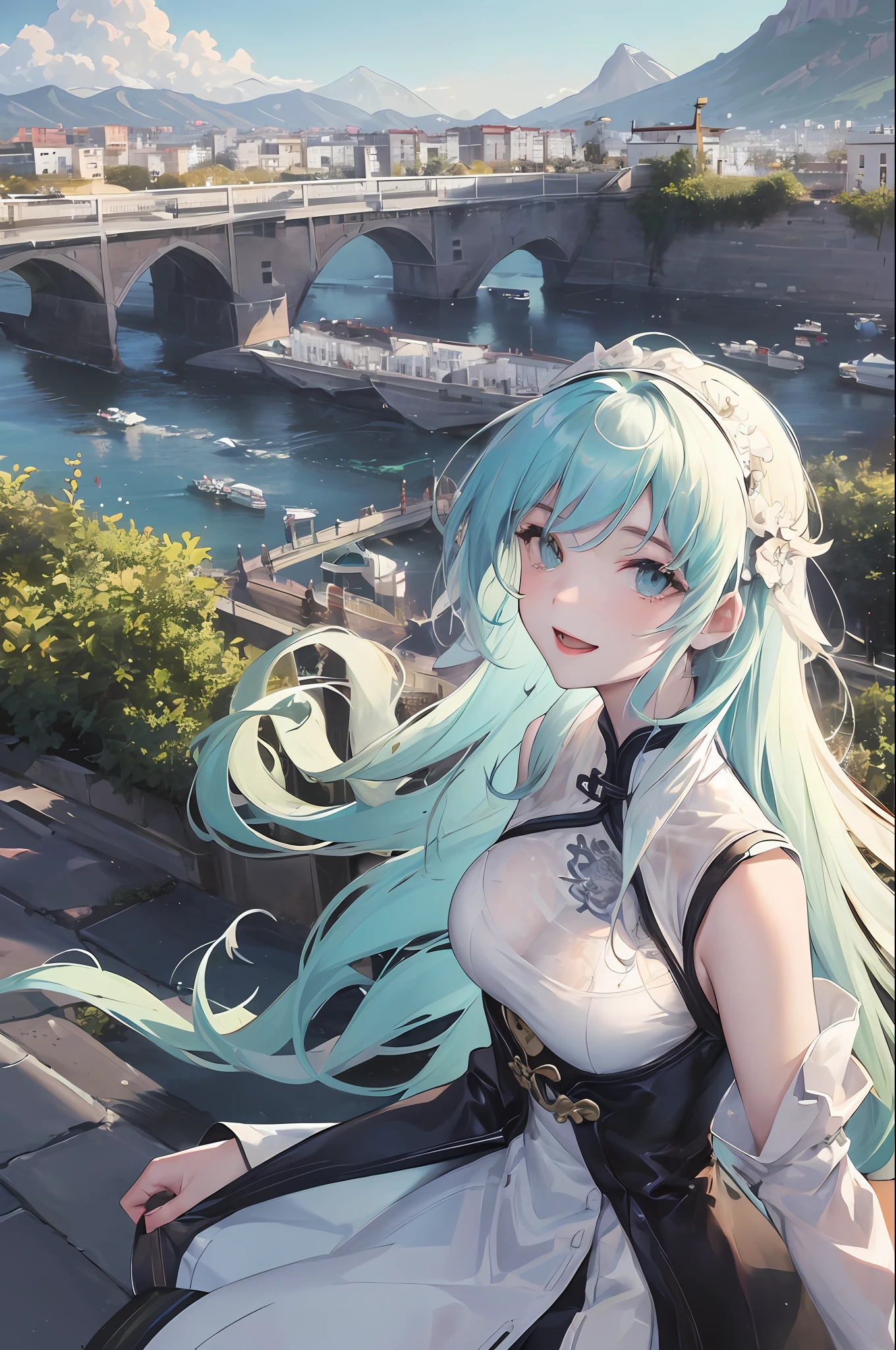 Official Art, Masterpiece, Sharp Focus, (Beautiful Gorgeous Cute Chinese Woman: 1.3), (Beautiful and Cute Chinese: 1.3), Chinese Beauty with Light Green Hair, Delicate Beautiful Hair and Eyes and Face Reaching the Ground, Realistic, Ultra-detailed, Beautiful Girl, Fine Light Rain, Wet Clothes, Glowing White Particles, (Sidelighting: 1.2), Sunlight, White Clouds, Detailed Clouds, Slender, Cute Big Breasts Big Buttocks, Toothy Smile ((Laughing with Eyes Open)), Landscape, Long straight hair, sexy facial expressions, mountains and rivers background, damp clothing clinging to body curves, (cityscape:1.7), dynamic hair, long straight hair, delicate colored hair, glowing heterochromic pupils, (upper body tight vest, tong), black stockings, pale skin, hair accessories, epic landscapes, collars and hair accessories, hair especially long