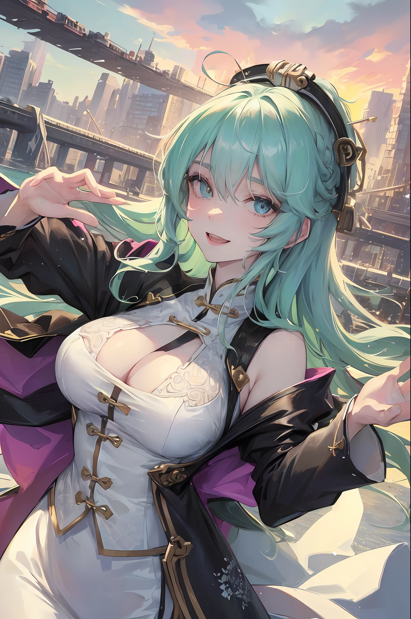 Official Art, Masterpiece, Sharp Focus, (Beautiful Gorgeous Cute Chinese Woman: 1.3), (Beautiful and Cute Chinese: 1.3), Chinese Beauty with Light Green Hair, Delicate Beautiful Hair and Eyes and Face Reaching the Ground, Realistic, Ultra-detailed, Beautiful Girl, Fine Light Rain, Wet Clothes, Glowing White Particles, (Sidelighting: 1.2), Sunlight, White Clouds, Detailed Clouds, Slender, Cute Big Breasts Big Buttocks, Toothy Smile ((Laughing with Eyes Open)), Landscape, Long straight hair, sexy facial expressions, mountains and rivers background, damp clothing clinging to body curves, (cityscape:1.7), dynamic hair, long straight hair, delicate colored hair, glowing heterochromic pupils, (upper body tight vest, tong), black stockings, pale skin, hair accessories, epic landscapes, collars and hair accessories, hair especially long