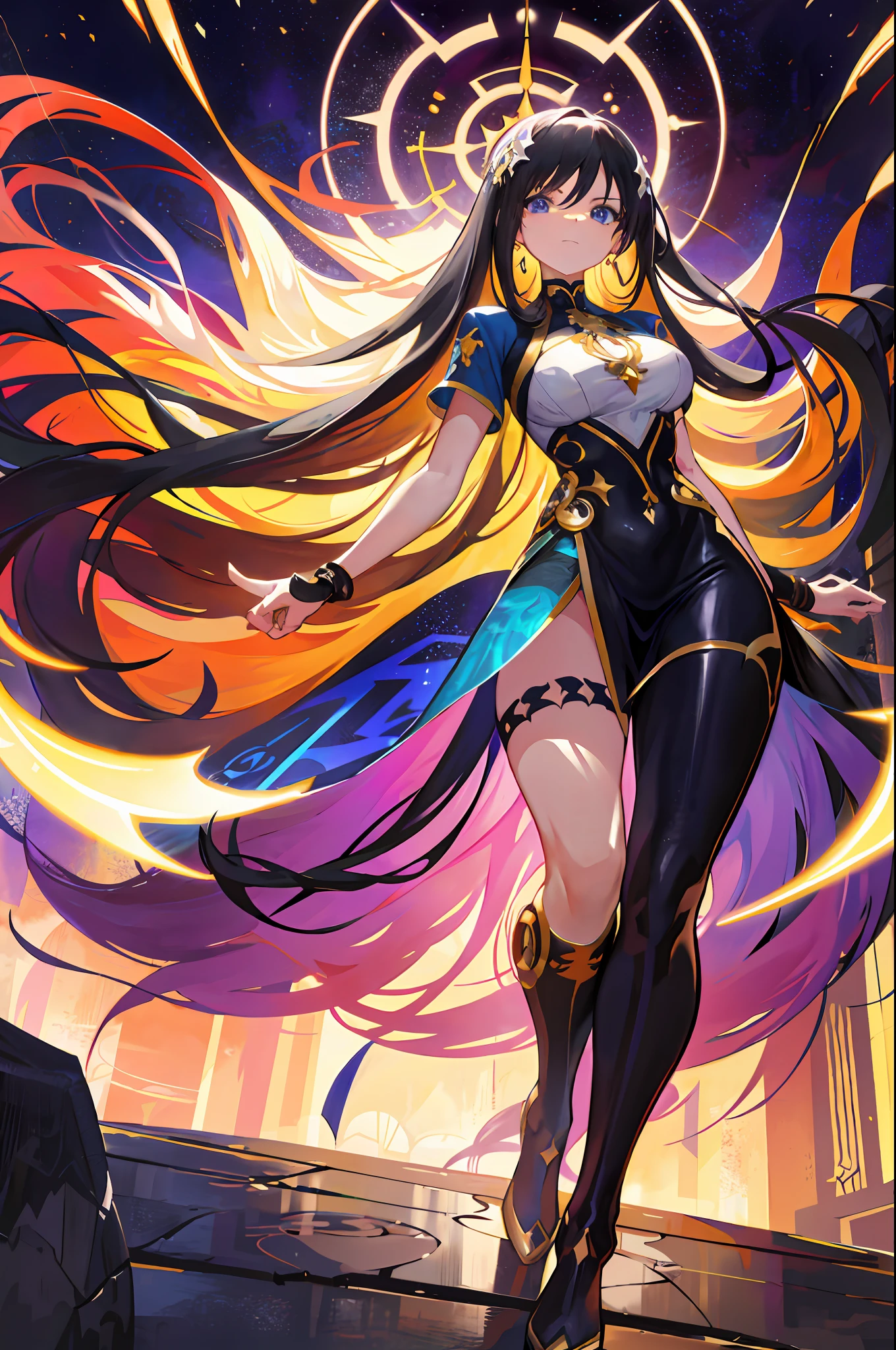 ::Kennedy and Daniel Sampere::2.0 Anime Gacha illustration style, tatoon style, comic book style, , beautiful woman with ultra detailed long hair and in various full-body attack poses, (beautiful and clear background: 1.2),futuristic costume, super detailed circular metals Clinging to arms and pants, fantastic paintings, graffiti style, flowers, highly detailed eyes, a t-shirt or dress with a pink blouse underneath, With both fists in fighting position, and bracelets, fighting an enemy, with long black hair, stained glass color, outside, vibrant, Alphonse Mucha style, fantastic paintings by Joe Madureira, high quality, art, beautiful woman with long white hair, freedom, soul, digital illustration, comic style, perfect anatomy, centered, approaching perfection, dynamic, highly detailed, HDR colors