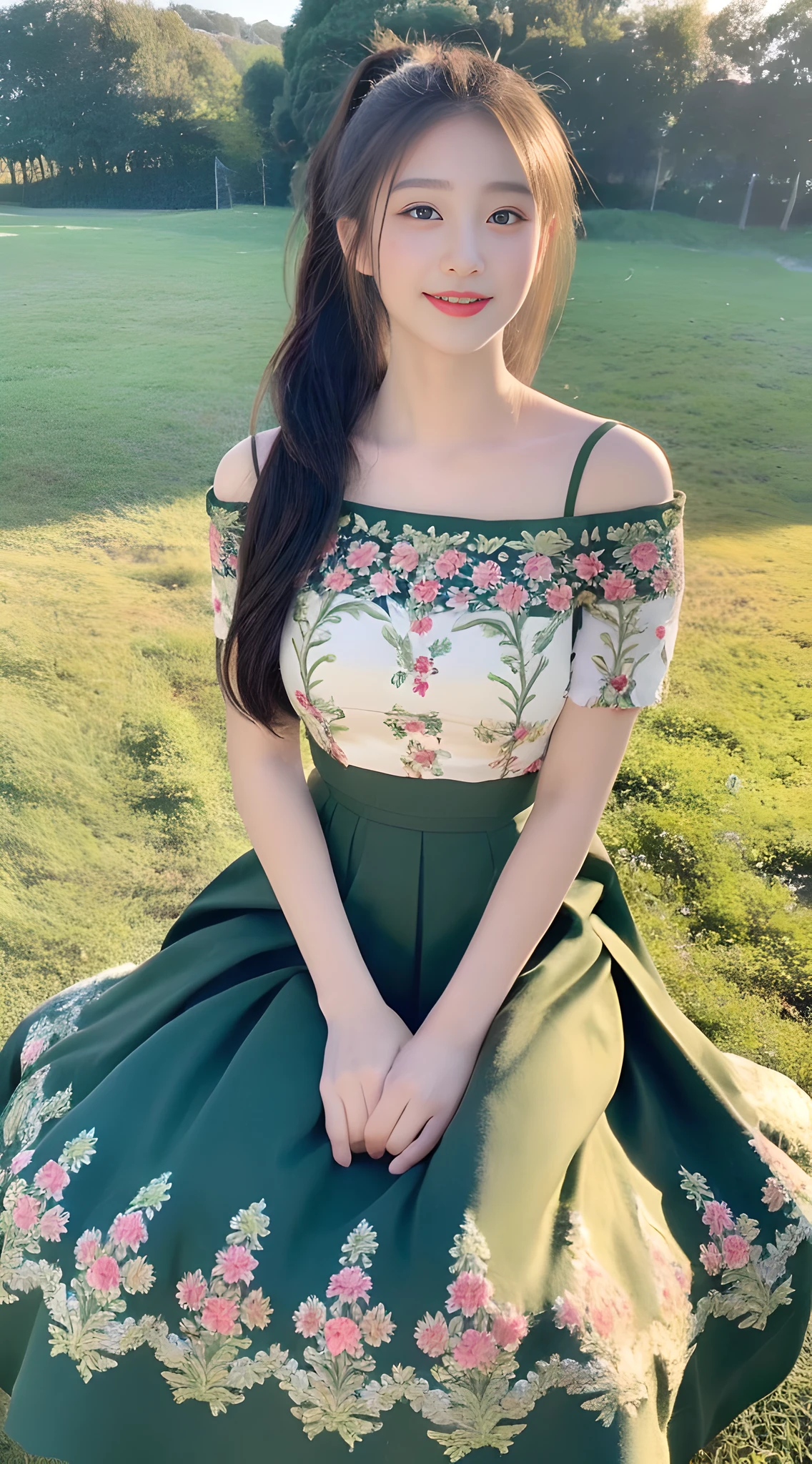 ((Best Quality, 8K, Masterpiece:1.3)), A pretty girl, vintage embroidered floral top, matcha green, slit skirt, high ponytail, black fluffy long straight hair, round black big eyes, clear big eyes, moist lips, sweet smile, sitting, pastoral background, (((full body photo)))