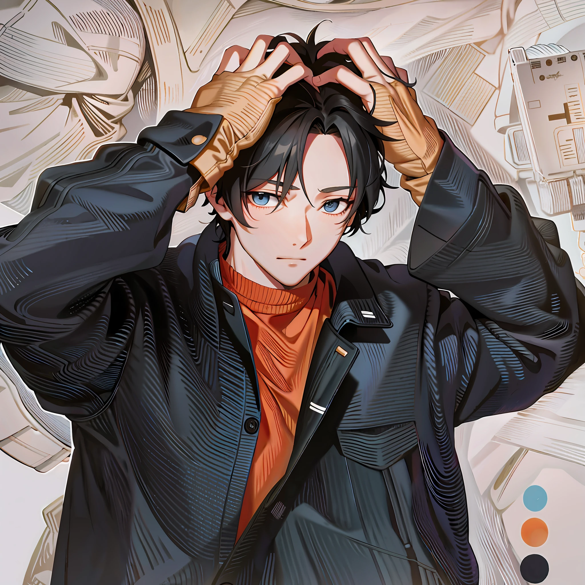 Anime, lines, boys, textures, melancholy eyes, white clothes, bright shirts