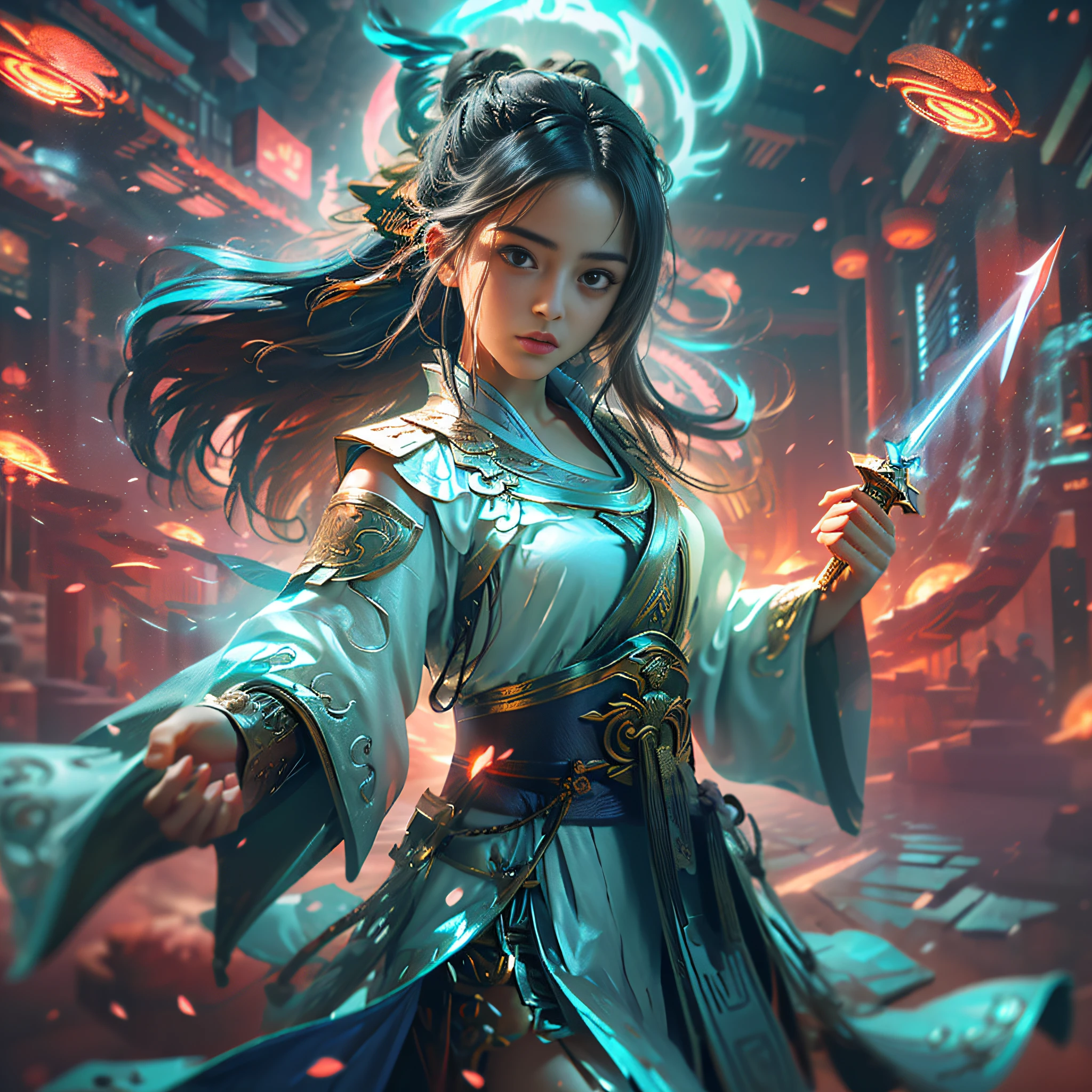 Dramatic sky, blue lightning Style: masterpiece, best quality, 8k, sharp focus, realistic, (detailed)), (around the flame, around the halo) ((dynamic pose)), ((good highlights), (perfect proportions), (dynamic), (complex), (complementary colors), good perspective, 1 young Chinese girl with a short sword in her hand, dancing forward and floating out petals, --auto --s2