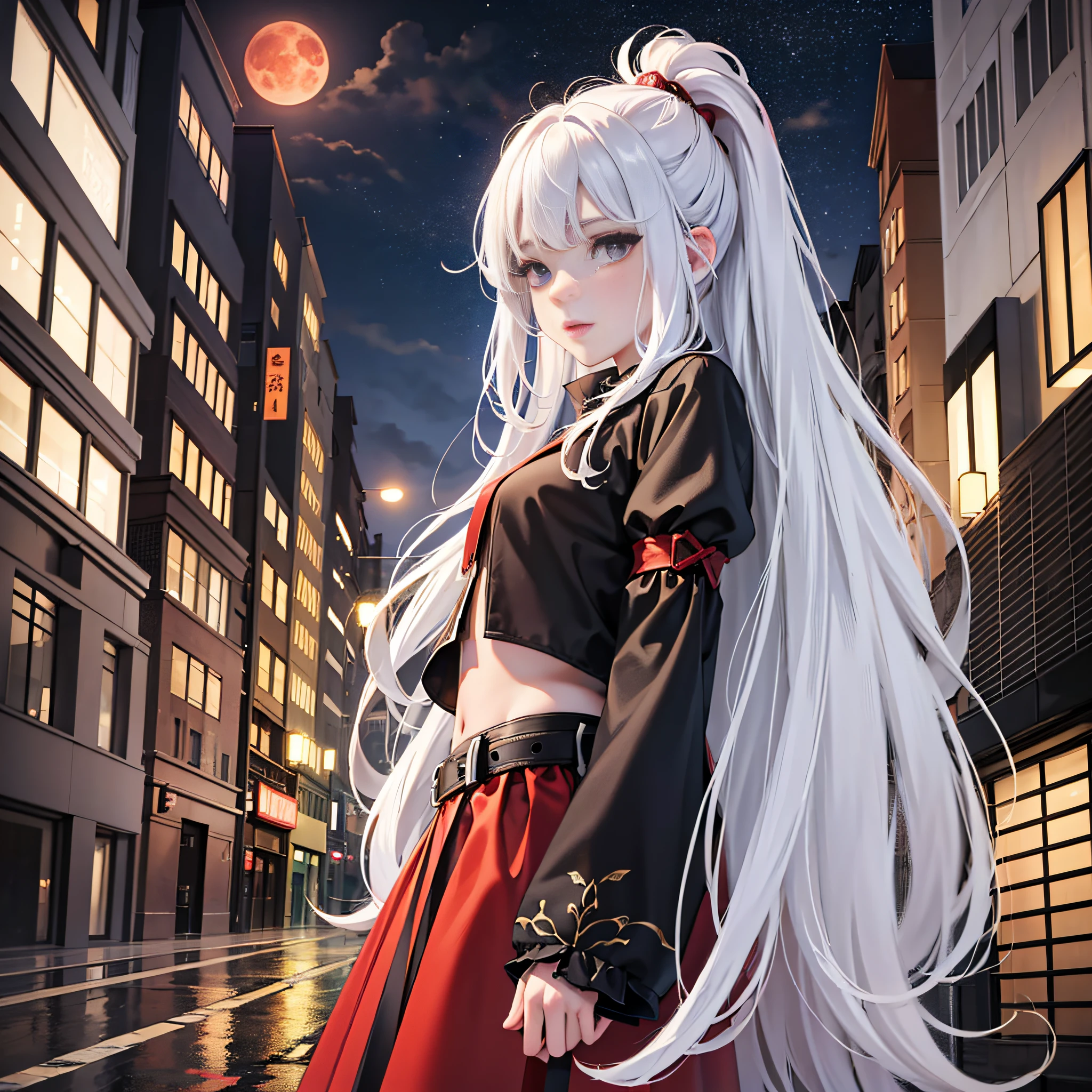Long white hair, night view at night, dim and narrow street, red moon, anime style girl standing on the main road of the city, legs facing different directions, hands on the stomach, wet road after the rain, giantess gaze down, giantess looks a little to the left of the camera, giantess wearing high shoes, high quality, camera in front of people, beautiful face, excellent quality, blurred background