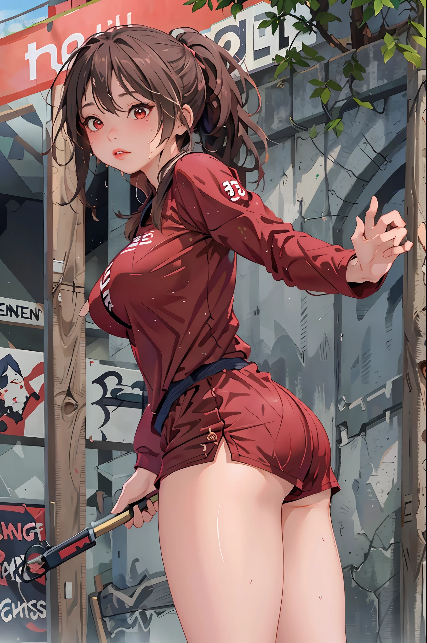 Masterpiece: 1.2, best quality), realistic, (real picture, rich details details, depth of field), (1girl, solo), makeup, cleft lip, high detail, perfect face shape, (big breasts: 1.4), (skindentation), thick thighs, wide buttocks, Thin waist, tall, coral, red lips, red eyes, ponytail (girl playing basketball, red basketball suit), (sweat: 1.2), (wet), sexy, blushing, feminine action