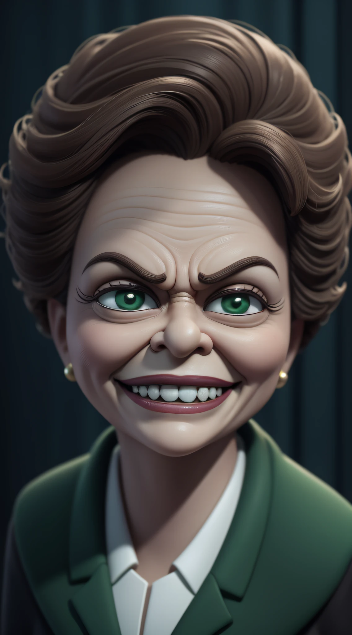 President Dilma Rousseff, short hair, sinister smile, big eyes, looking forward, in suit, toxic smile, scared face, cartoon claymation style