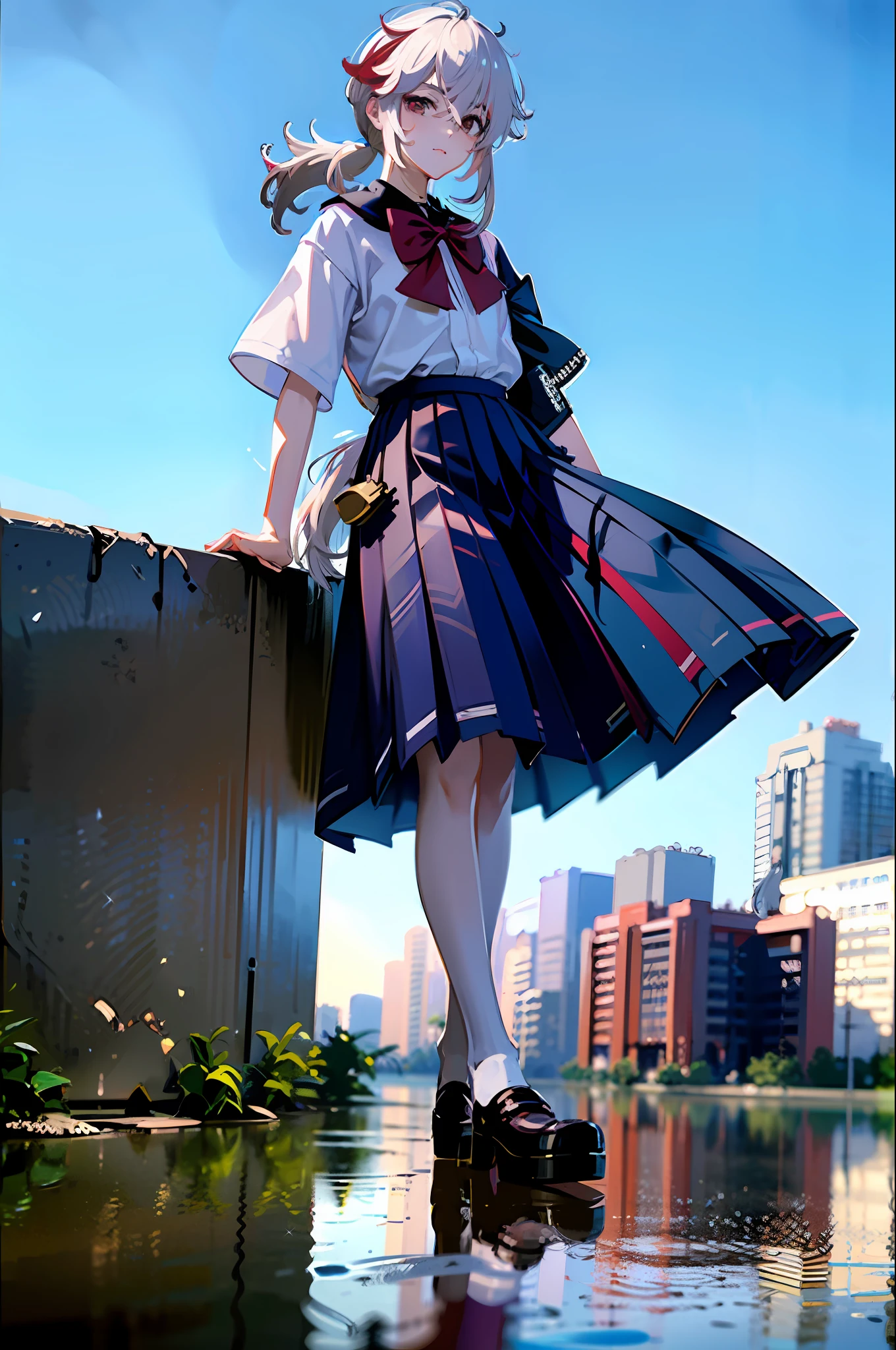 (8k, RAW photo, best quality, masterpiece:1.3),(realistic,photo-realistic:1.37),(night),(looking at viewer:1.331),(white hair),posing,Tokyo street,nightcityscape,soft light,1boy, extremely beautiful face,bust,put down hands,Random hairstyle,Random expression,big eyes, ,lower abdomen,(short-sleeved
JK_shirt),JK_style,(dark blue JK_skirt) ,(bow JK_tie),mix4, kaedehara kazuha, male focus, 1boy, solo, red eyes, bangs, multicolored hair, japanese clothes, streaked hair, red hair, hair between eyes, weapon, sword, white hair, closed mouth, ponytail, outdoors, tassel, looking at viewer