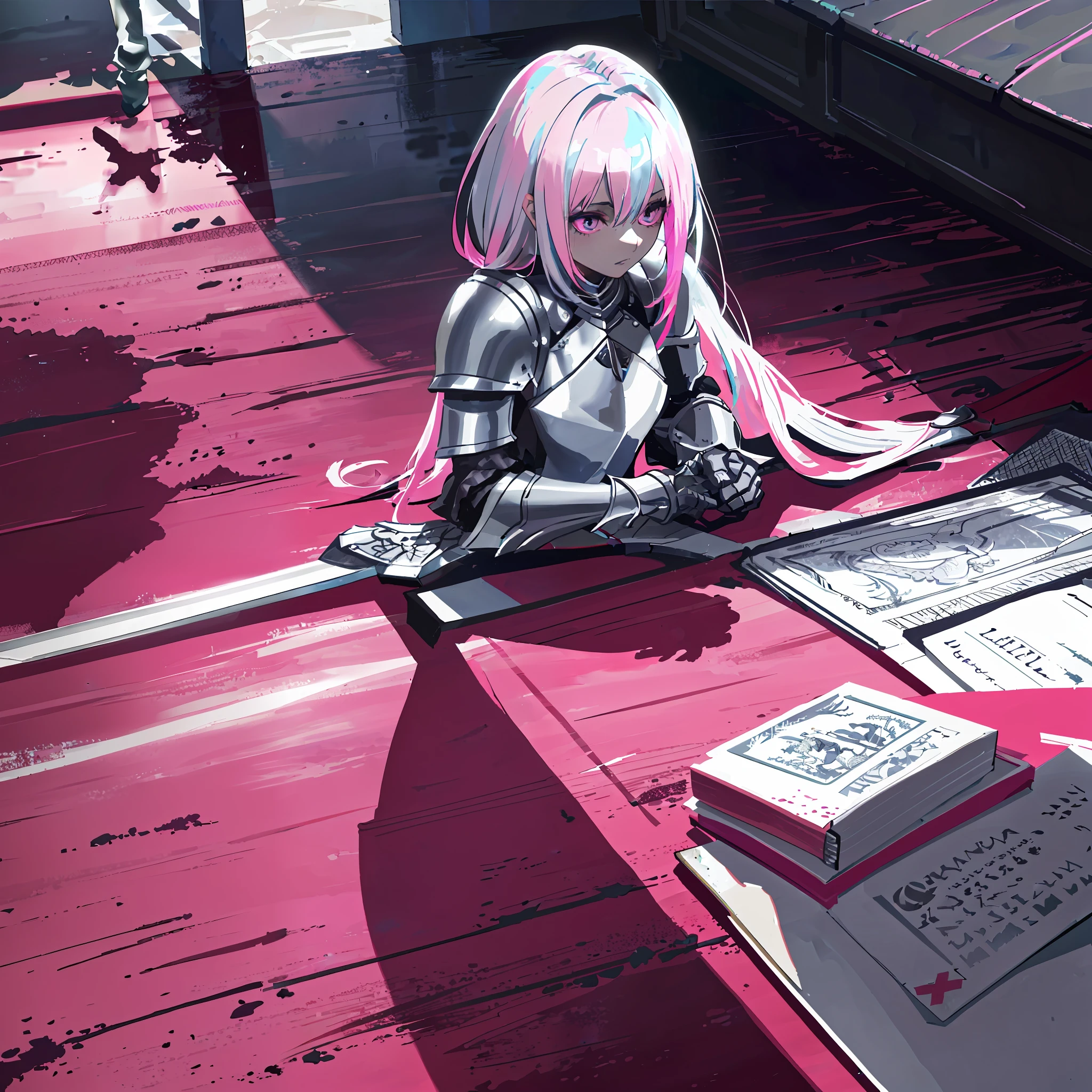Medieval knight, one girl, dressed in Gothic armor, holding a sword, silver hair with a slight pink dye, in the medieval castle hall, (colorful splash), (shine), focus on the face, the best lighting, the best shadow, beautiful and detailed eyes, delicate beauty,