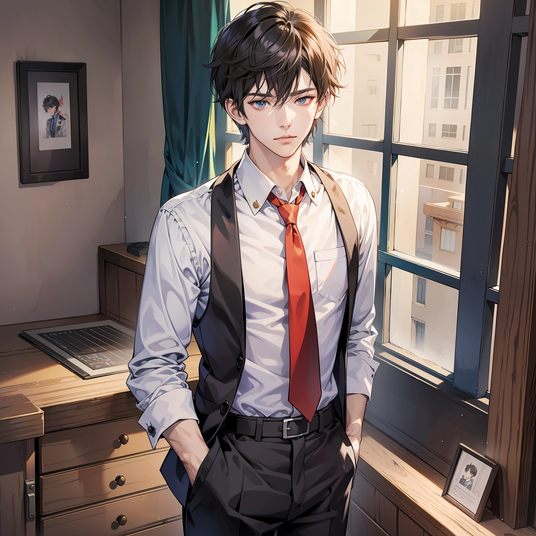 Short hair and tie anime characters standing in front of the window, anime handsome man, smooth anime CG art, handsome anime pose, Keqing from Genshin Impact, Shushu anime image, young anime person, anime moe art style, Shinkai Makoto style