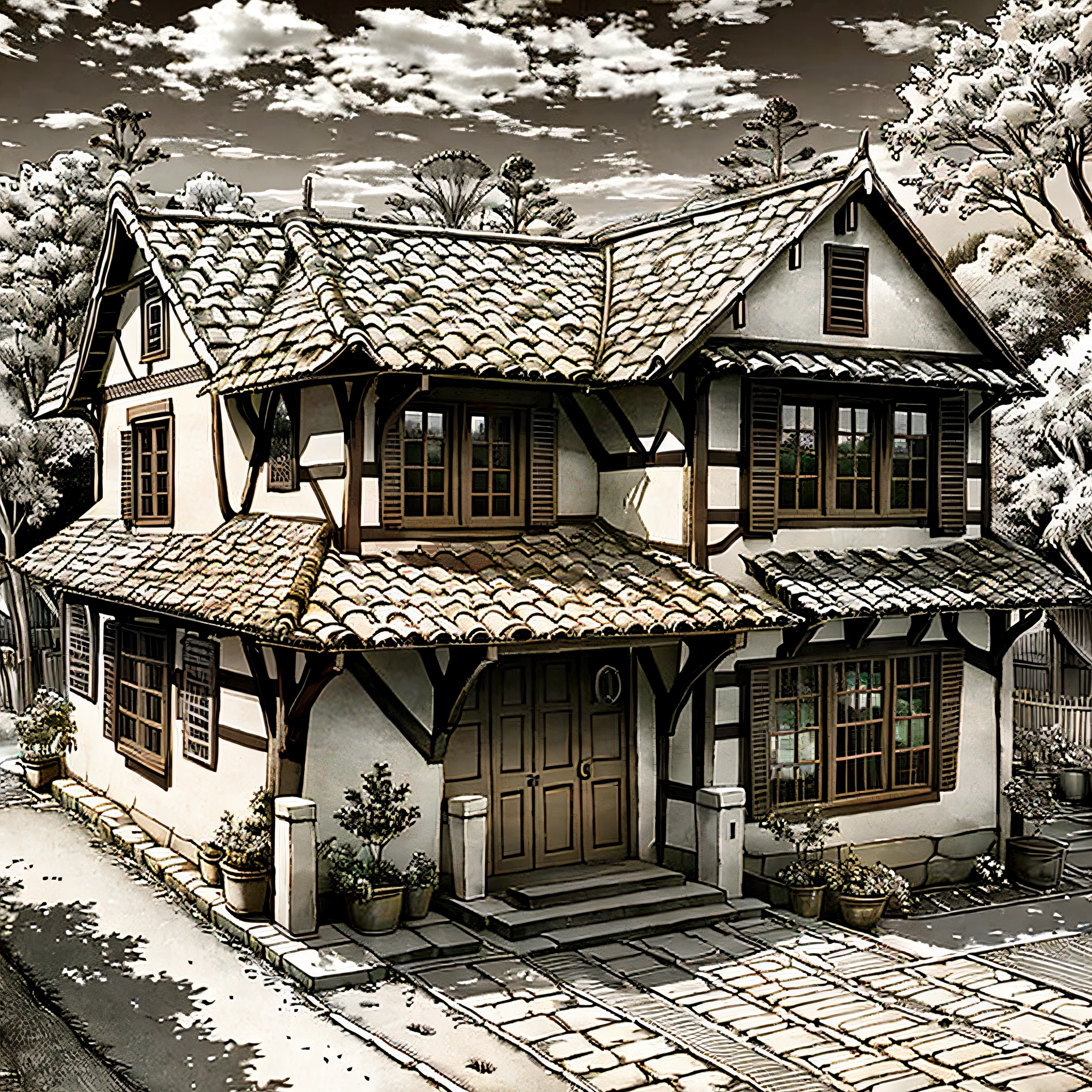 house, village, trees, realistic, --sepia::4 --auto --s2