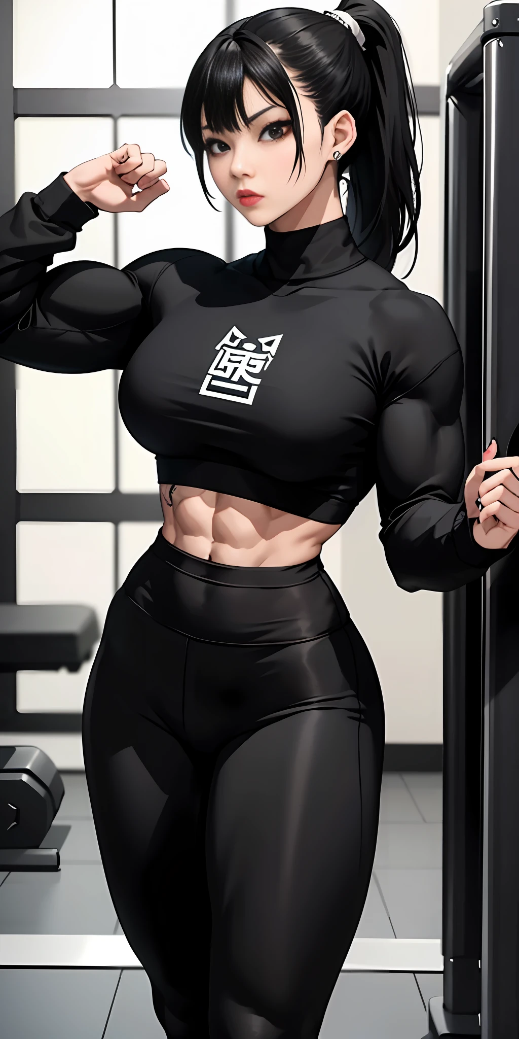 Boy, Asian, , adult, tattoo, lipstick, gothic, girl face, serious face, , black hair (ponytail with bangs),perfect body, fit body, thin waist, (gym), muscular, yoga pants (black), large sweatshirt