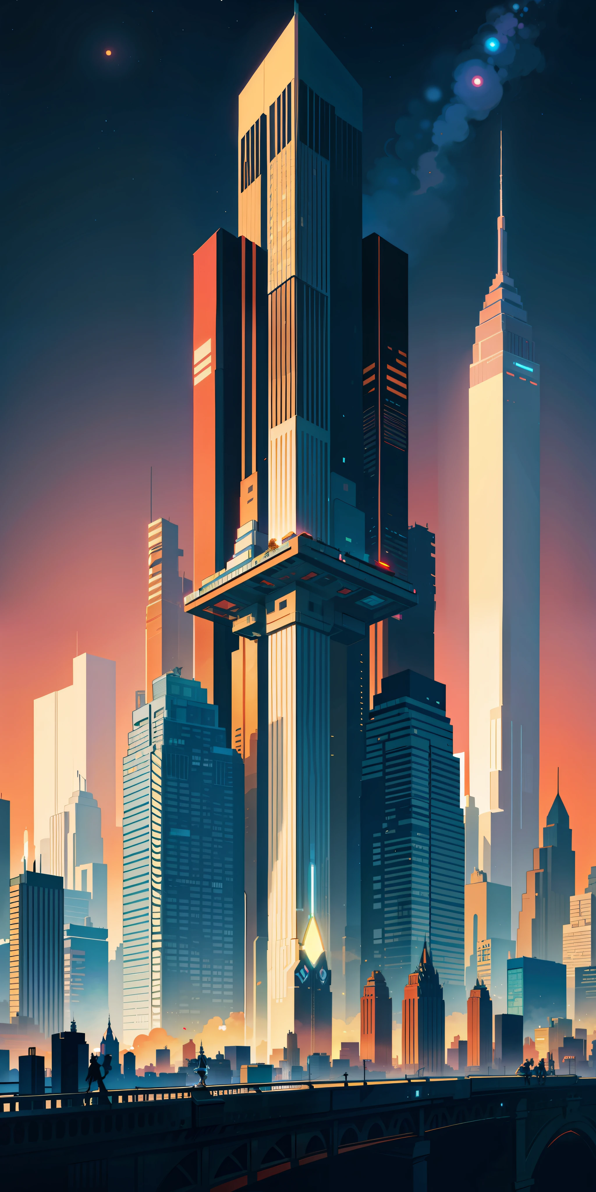 A painting of a city skyline at sunset, 2d/3d mashup poster design, style of duelyst, tall skyscraper, new york in the future, futuristic but colorful shading, stacked city, monolith, lowres, the city is on fire, official artwork, inspired by James Gilleard, conceptual art, trending on artstation, beeple colors