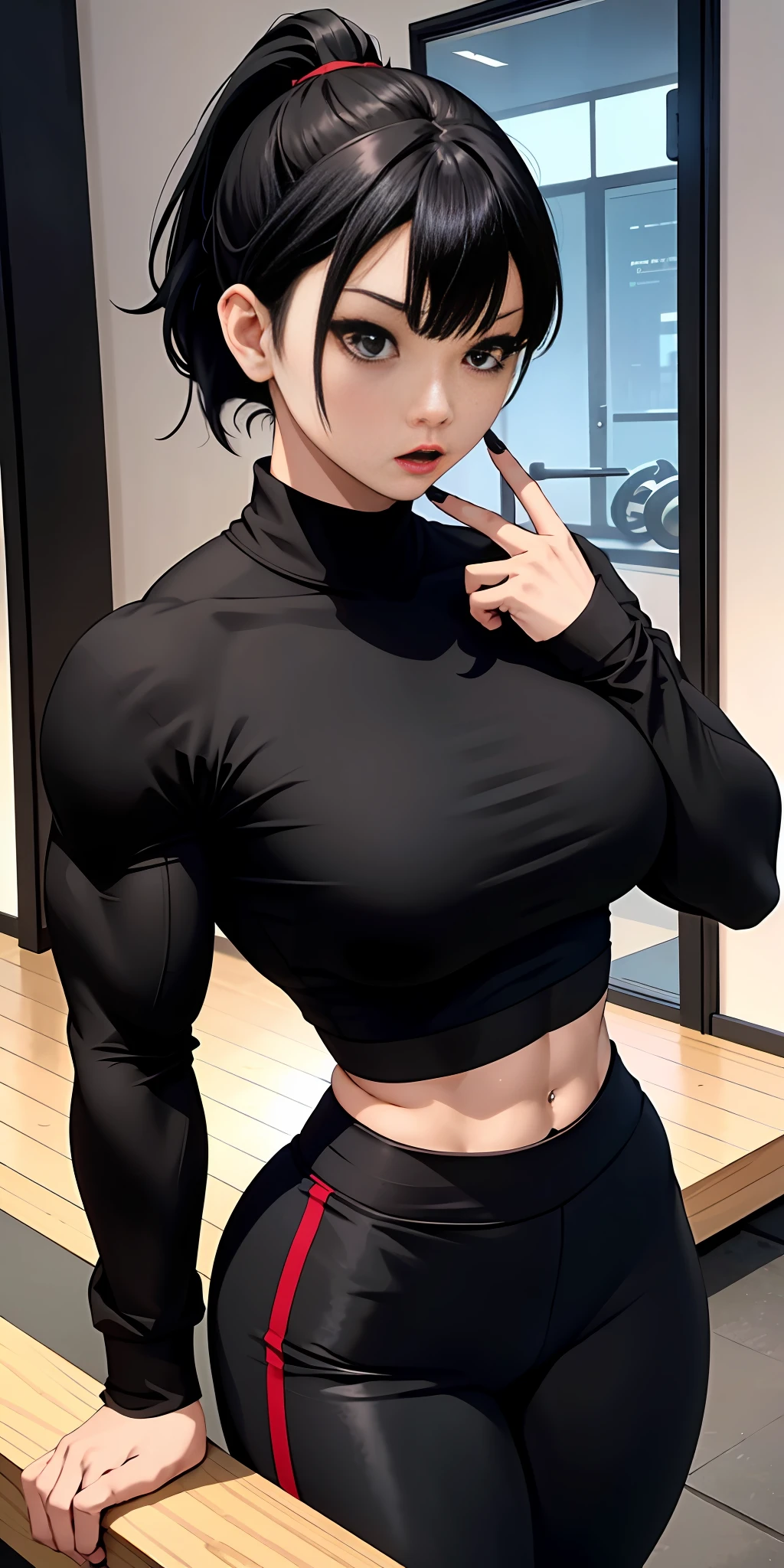 Boy, Asian, , adult, tattoo, lipstick, gothic, girl face, serious face, , black hair (ponytail with bangs),perfect body, fit body, thin waist, (gym), muscular, yoga pants (black), large sweatshirt